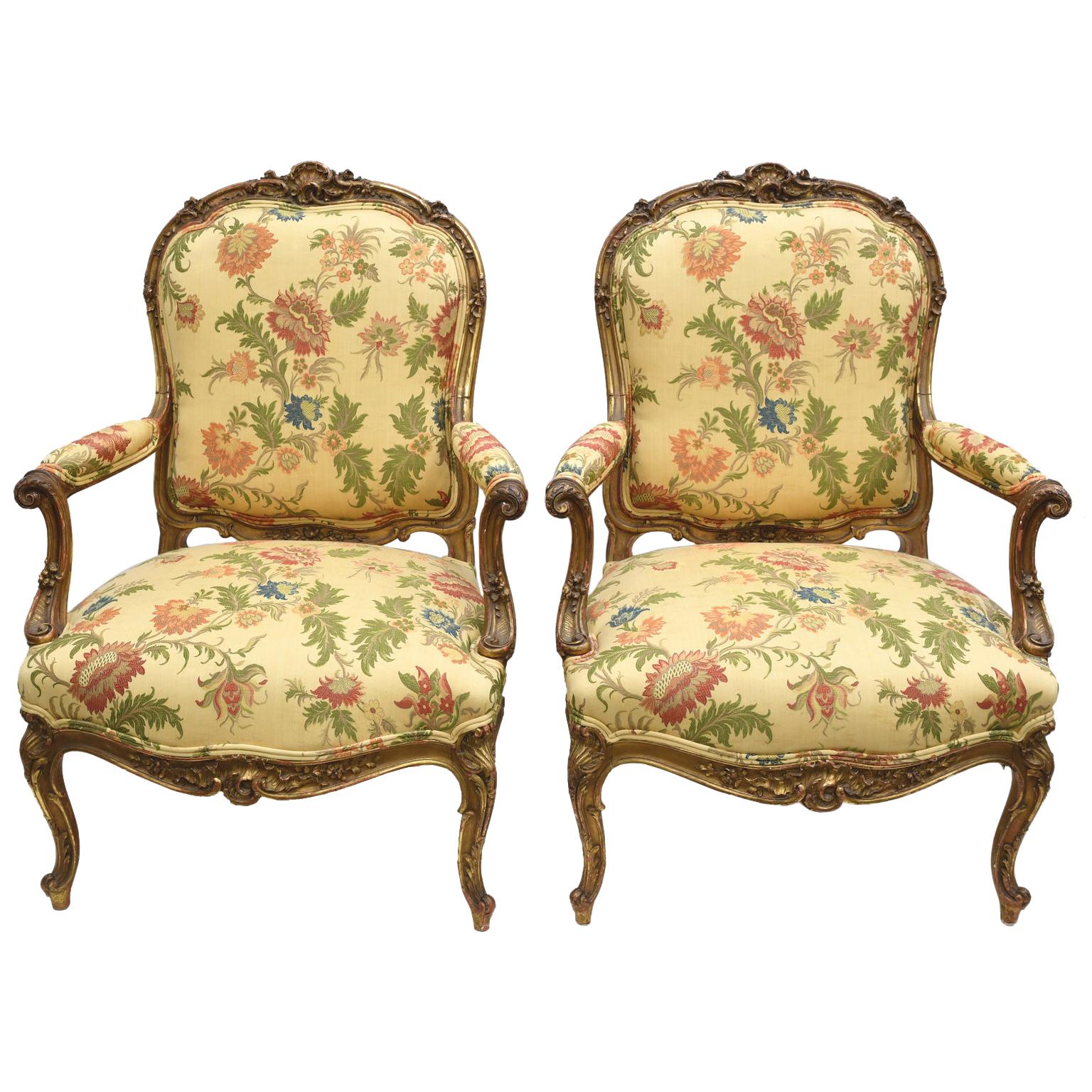 Pair of French Giltwood Armchairs/Fauteuil à la Reine by François Linke