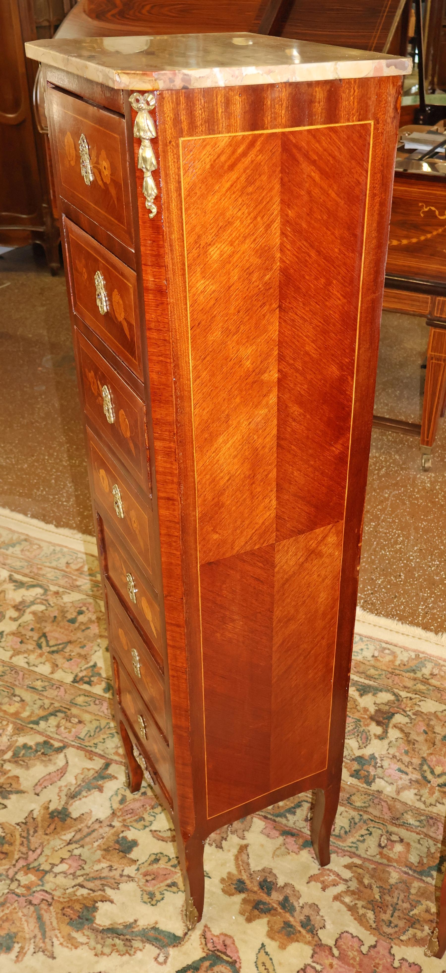 Pair of French Louis XV Inlaid Marble Top Semainier Lingerie Chests Circa 1910 For Sale 7
