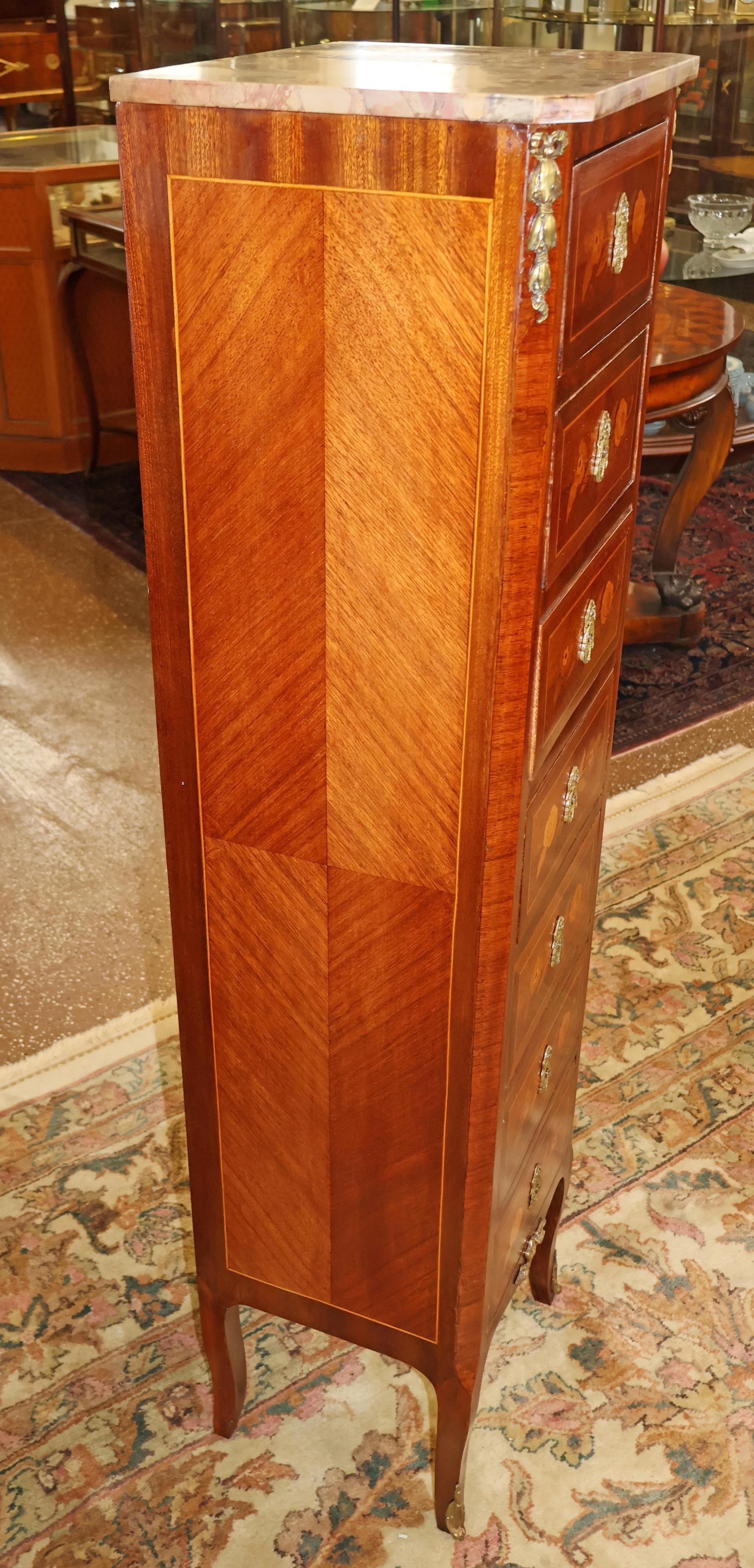Pair of French Louis XV Inlaid Marble Top Semainier Lingerie Chests Circa 1910 For Sale 8