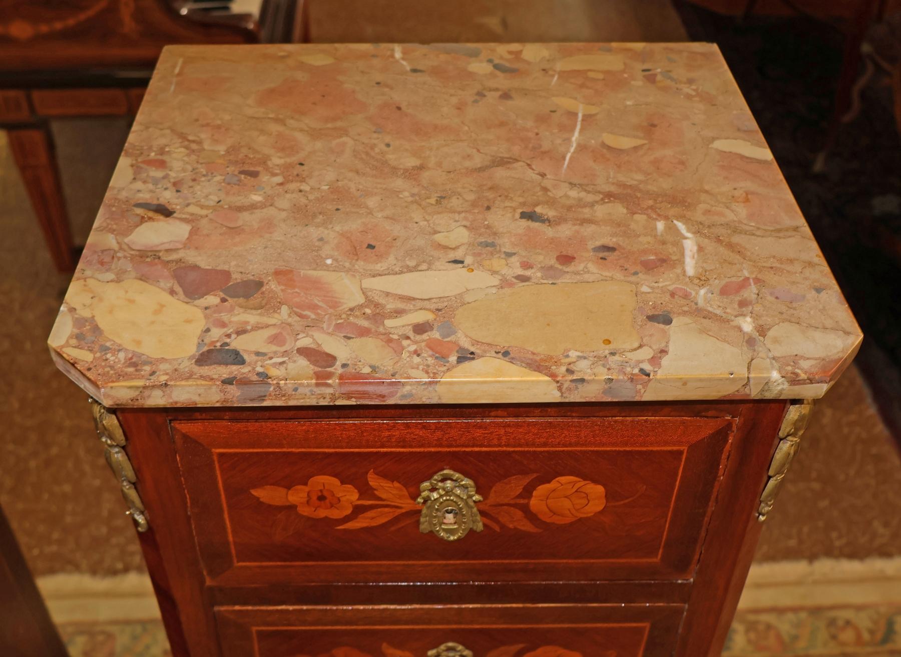 Pair of French Louis XV Inlaid Marble Top Semainier Lingerie Chests Circa 1910 For Sale 9