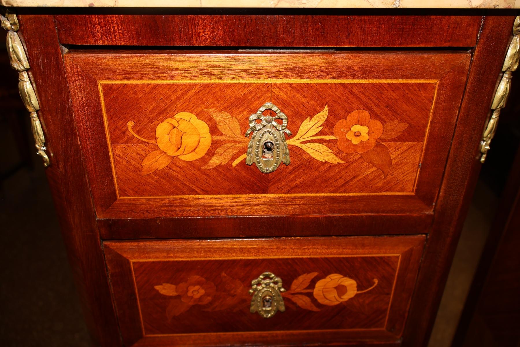 Pair of French Louis XV Inlaid Marble Top Semainier Lingerie Chests Circa 1910 For Sale 11