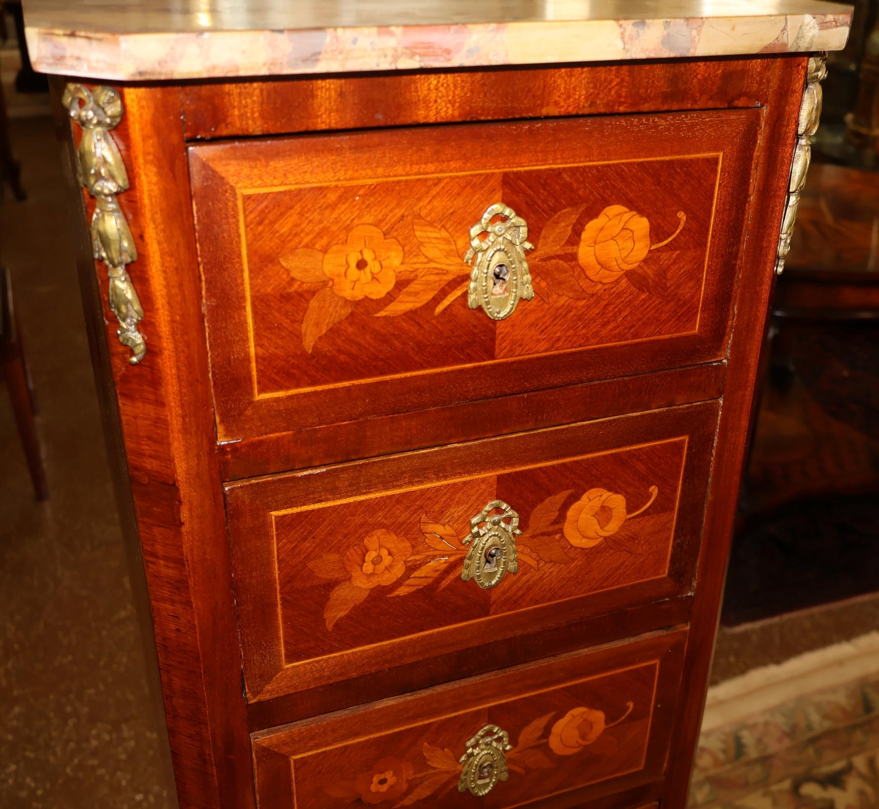 Pair of French Louis XV Inlaid Marble Top Semainier Lingerie Chests Circa 1910 For Sale 12