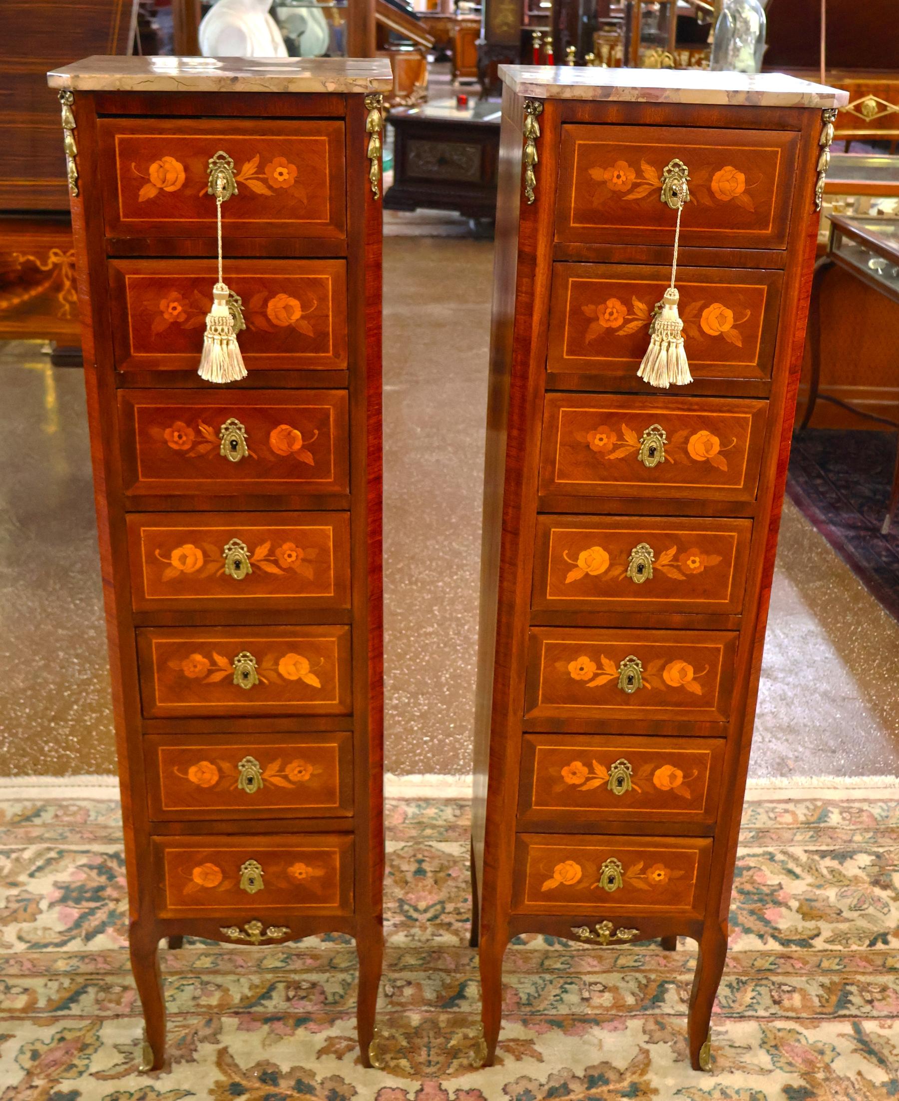 Pair of French Louis XV Inlaid Marble Top Semainier Lingerie Chests Circa 1910 

Dimensions : 55