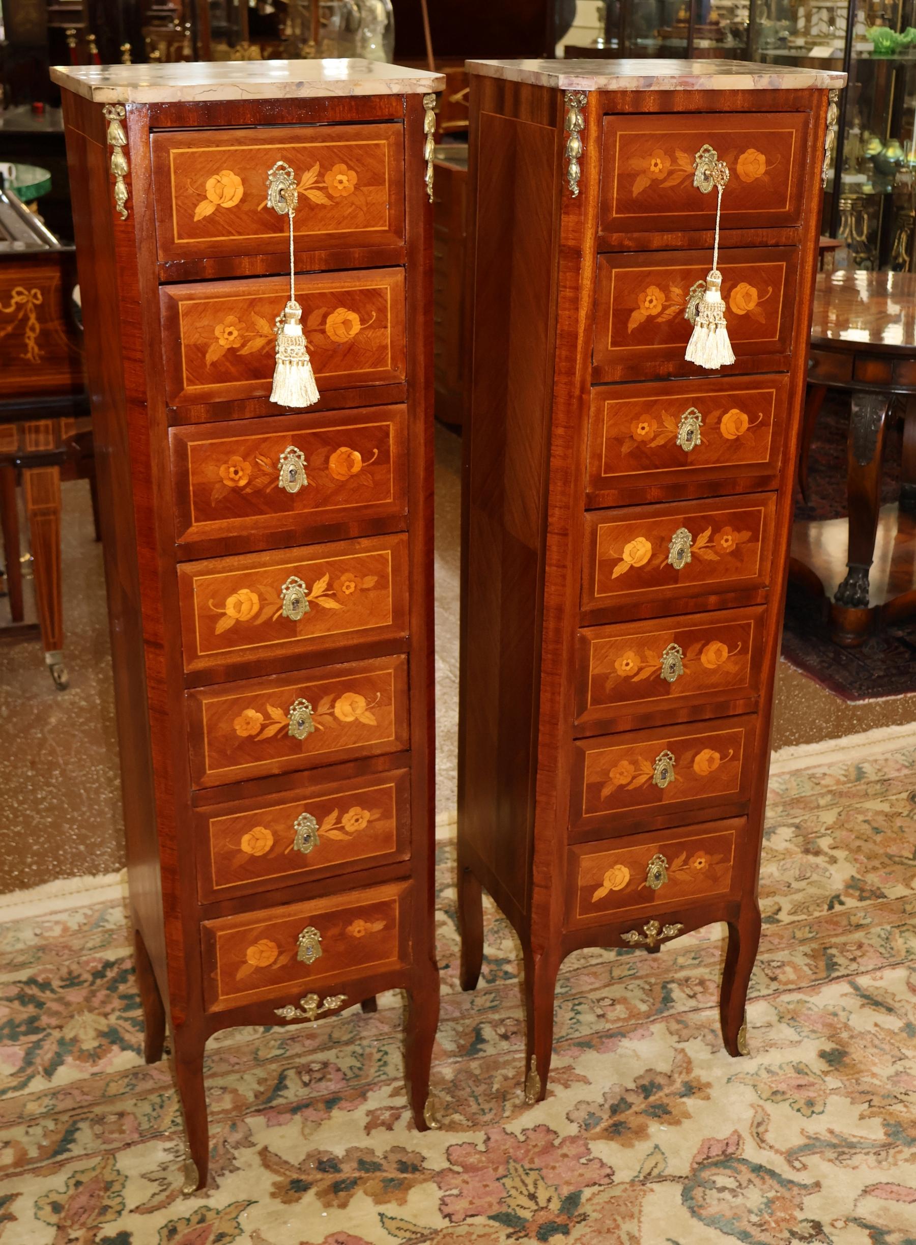 Pair of French Louis XV Inlaid Marble Top Semainier Lingerie Chests Circa 1910 In Good Condition For Sale In Long Branch, NJ