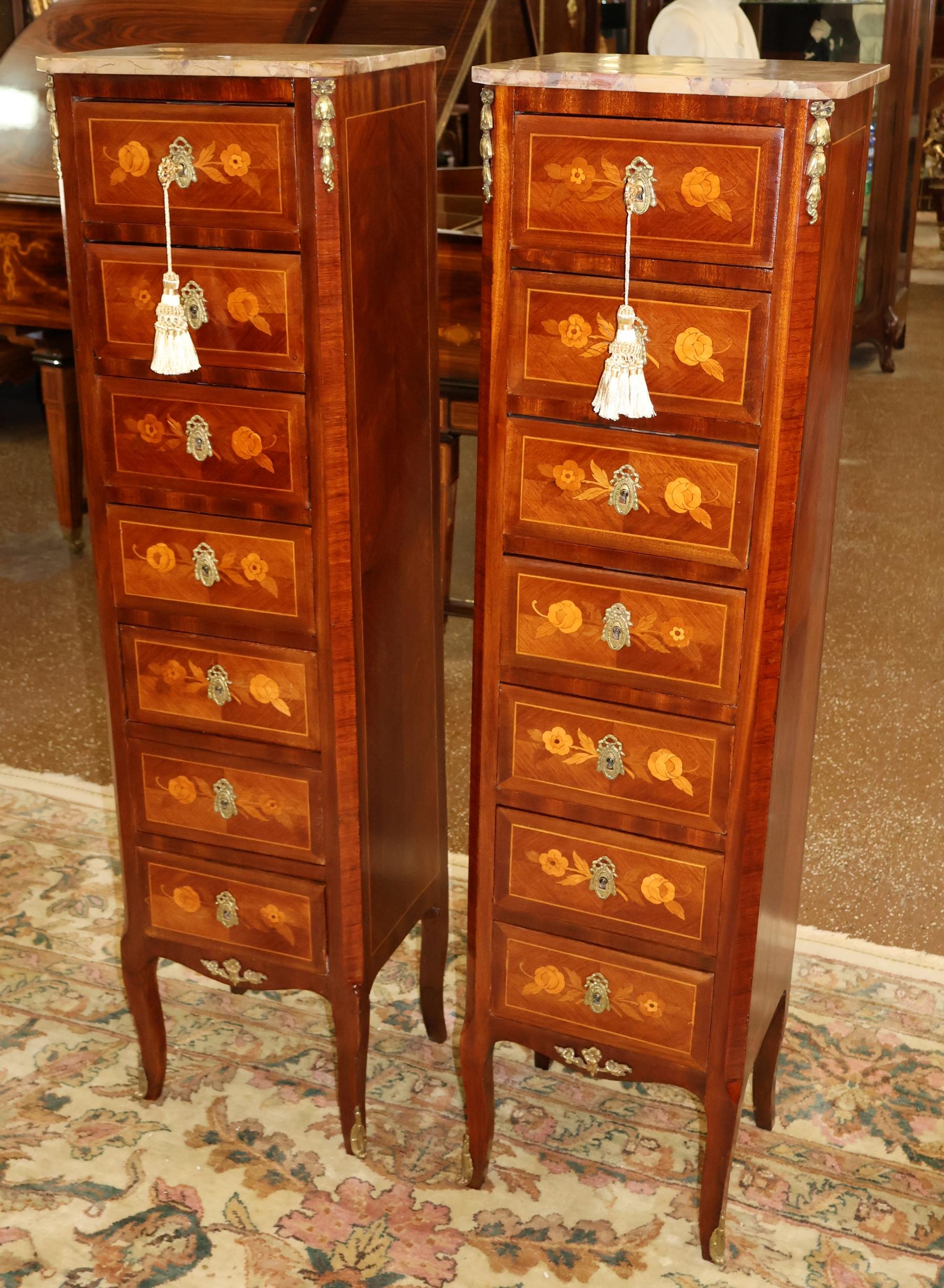 Early 20th Century Pair of French Louis XV Inlaid Marble Top Semainier Lingerie Chests Circa 1910 For Sale