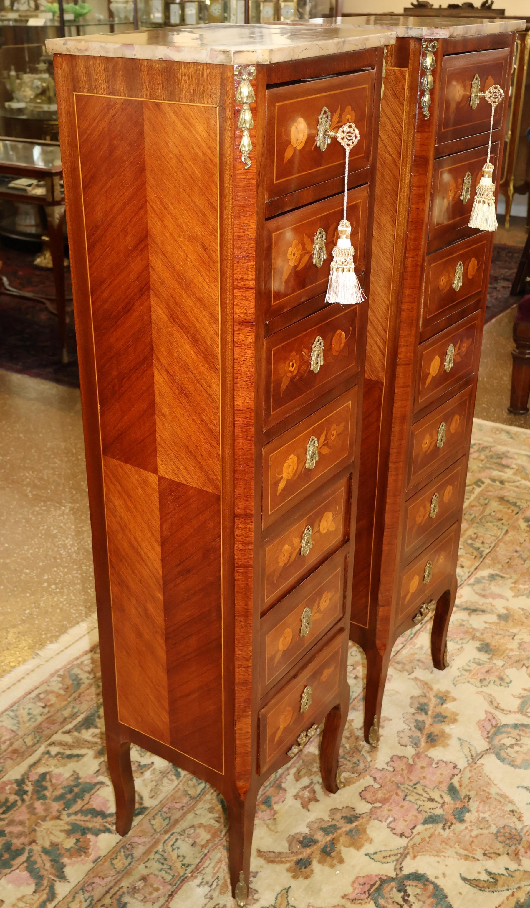 Pair of French Louis XV Inlaid Marble Top Semainier Lingerie Chests Circa 1910 For Sale 1
