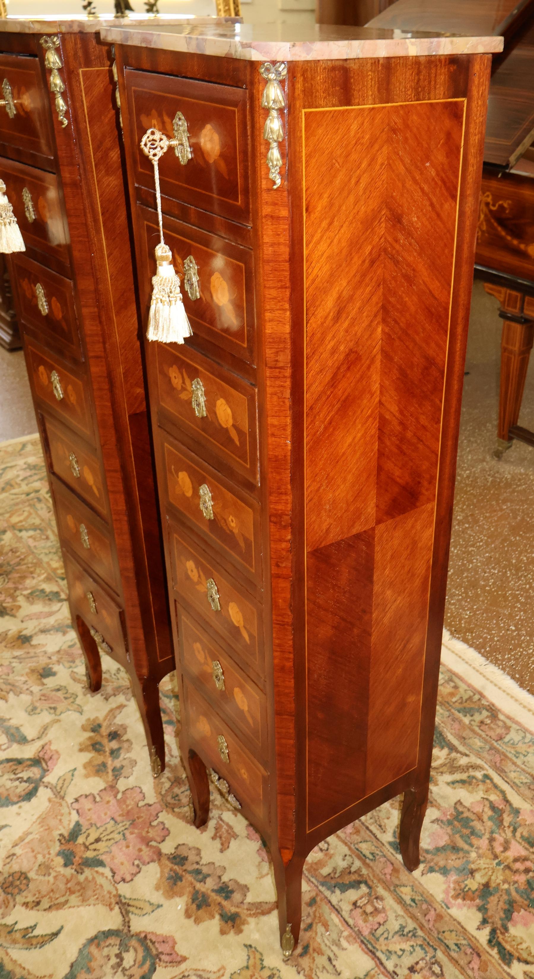 Pair of French Louis XV Inlaid Marble Top Semainier Lingerie Chests Circa 1910 For Sale 2