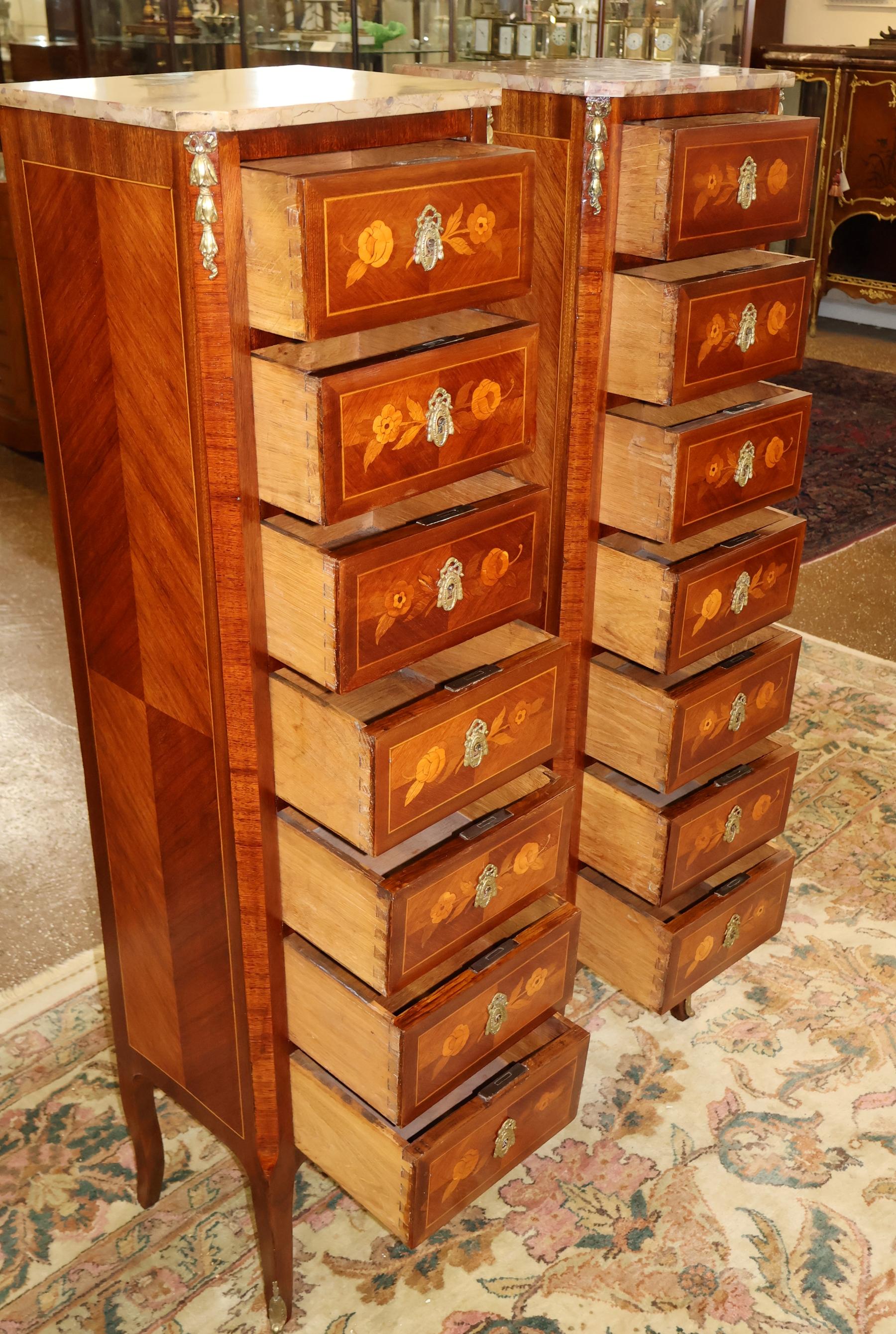 Pair of French Louis XV Inlaid Marble Top Semainier Lingerie Chests Circa 1910 For Sale 3