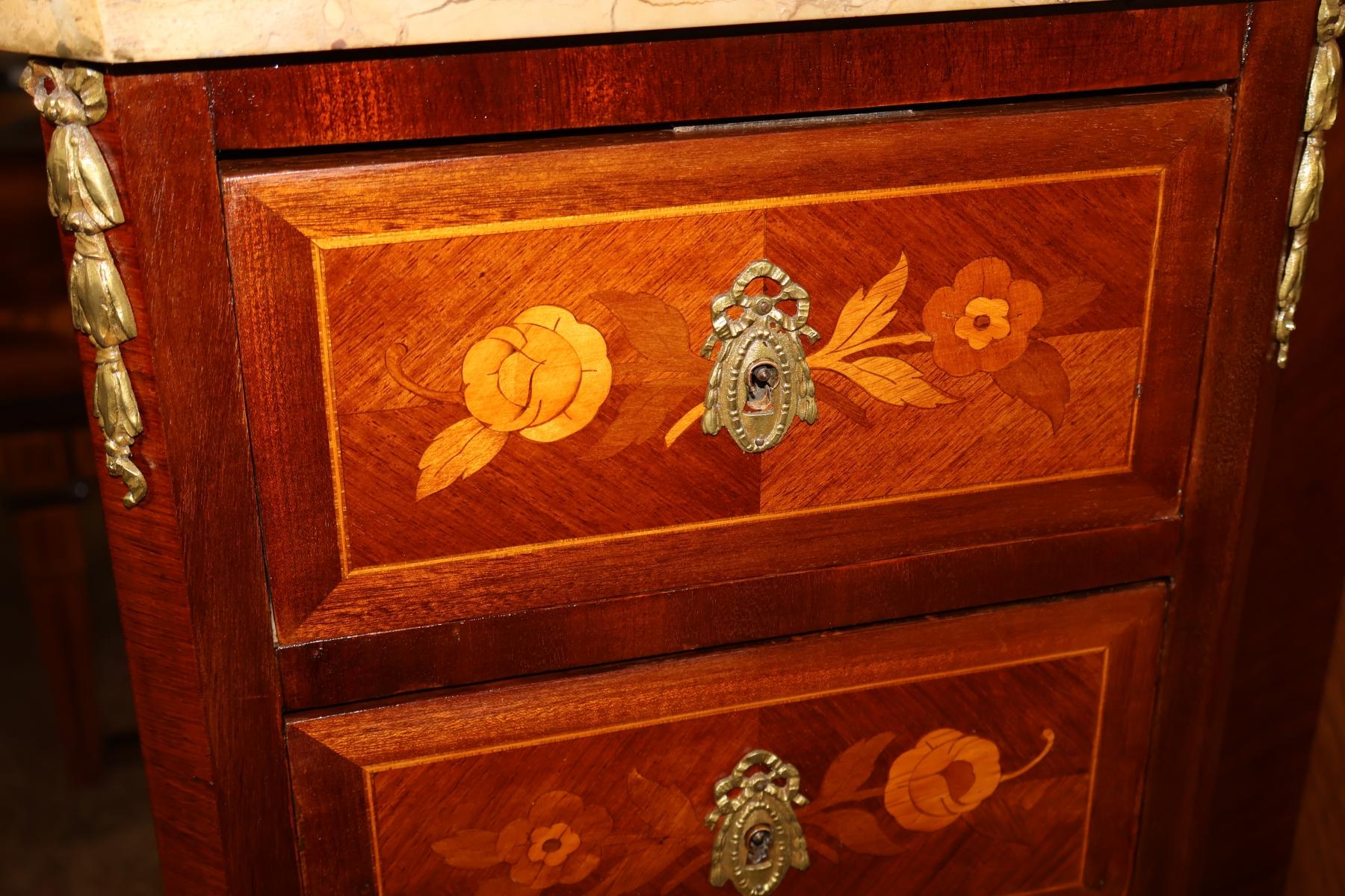 Pair of French Louis XV Inlaid Marble Top Semainier Lingerie Chests Circa 1910 For Sale 4