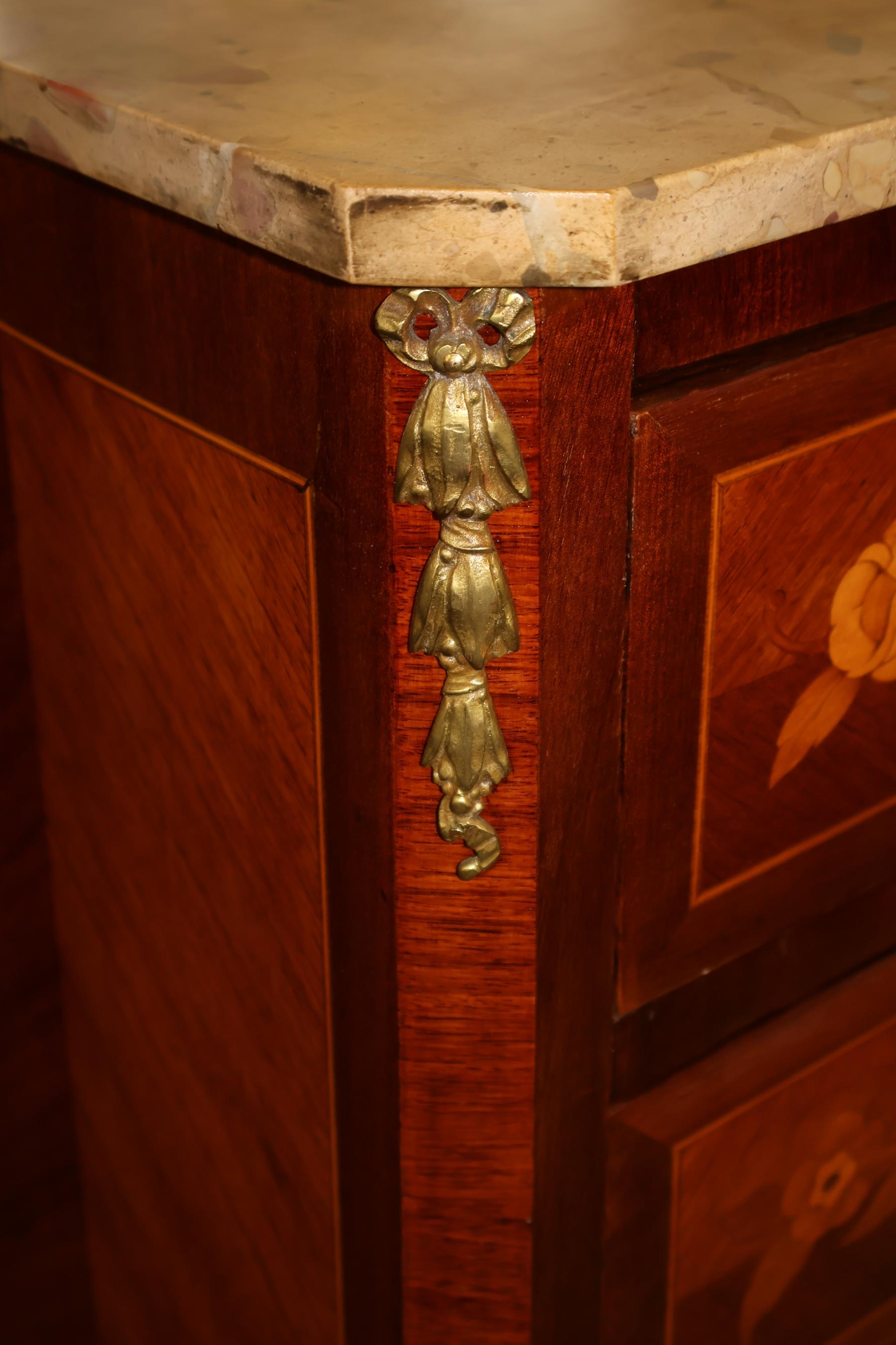 Pair of French Louis XV Inlaid Marble Top Semainier Lingerie Chests Circa 1910 For Sale 5