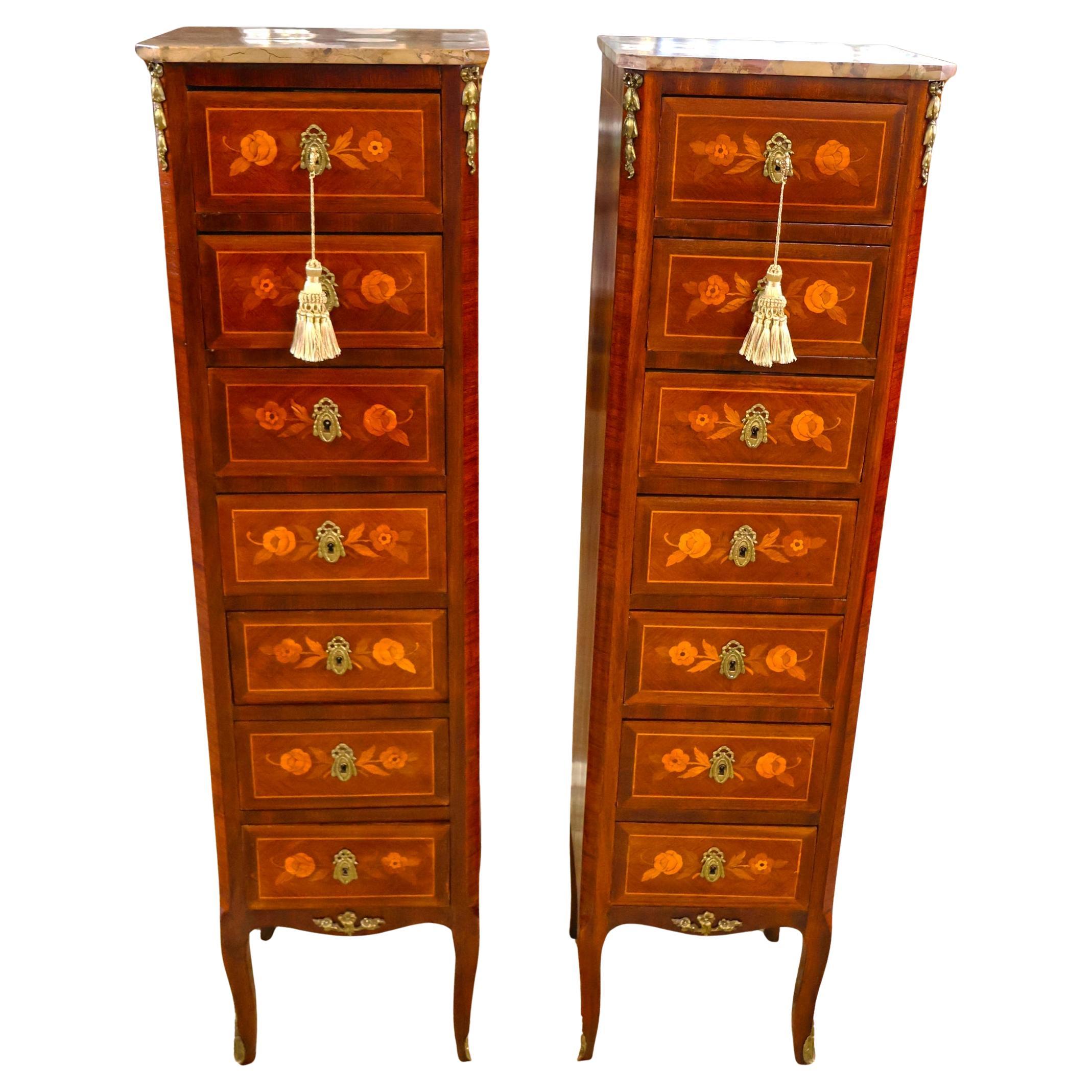 Pair of French Louis XV Inlaid Marble Top Semainier Lingerie Chests Circa 1910 For Sale