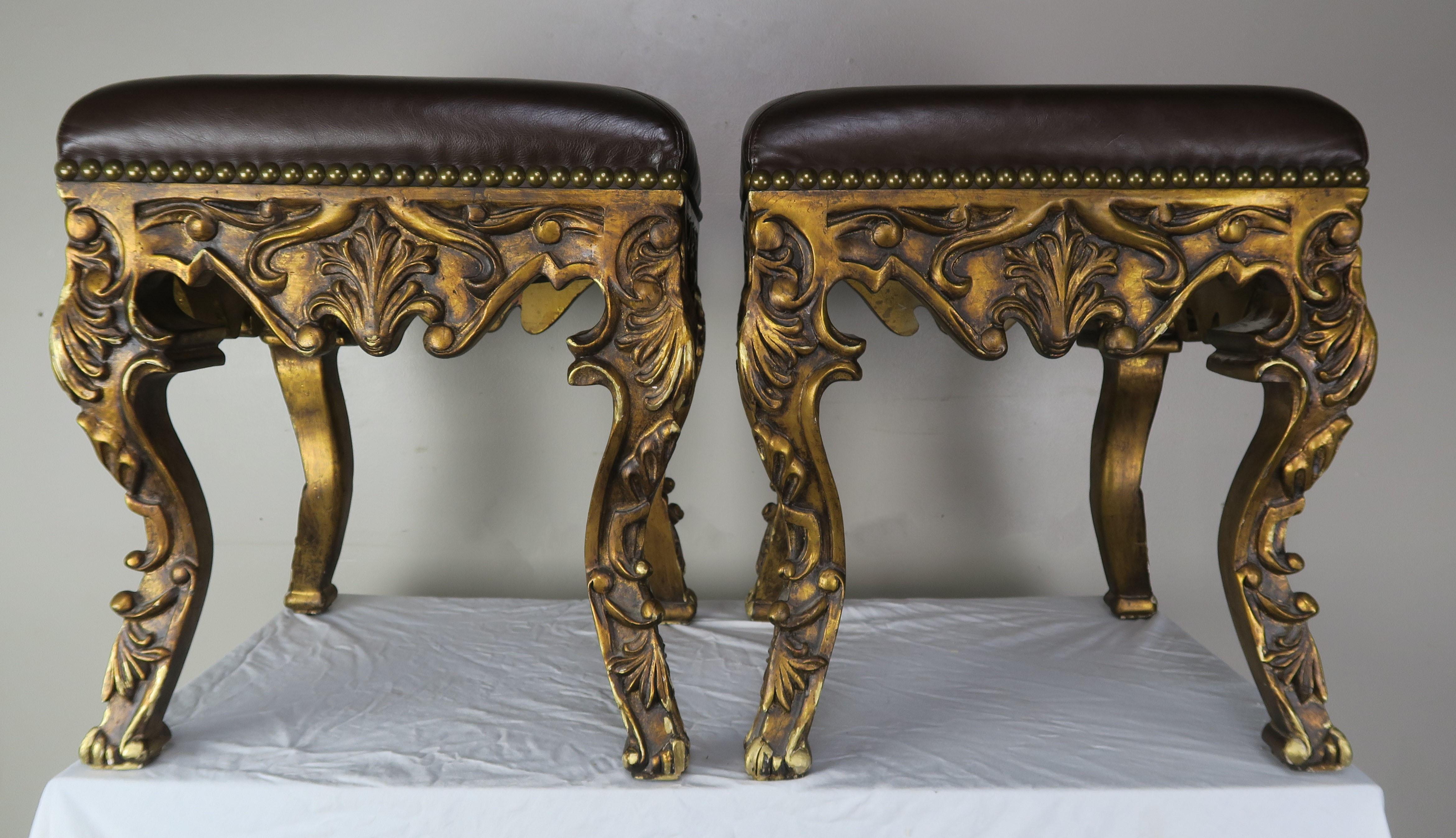 Pair of French Louis XV Leather Benches, circa 1950s 7