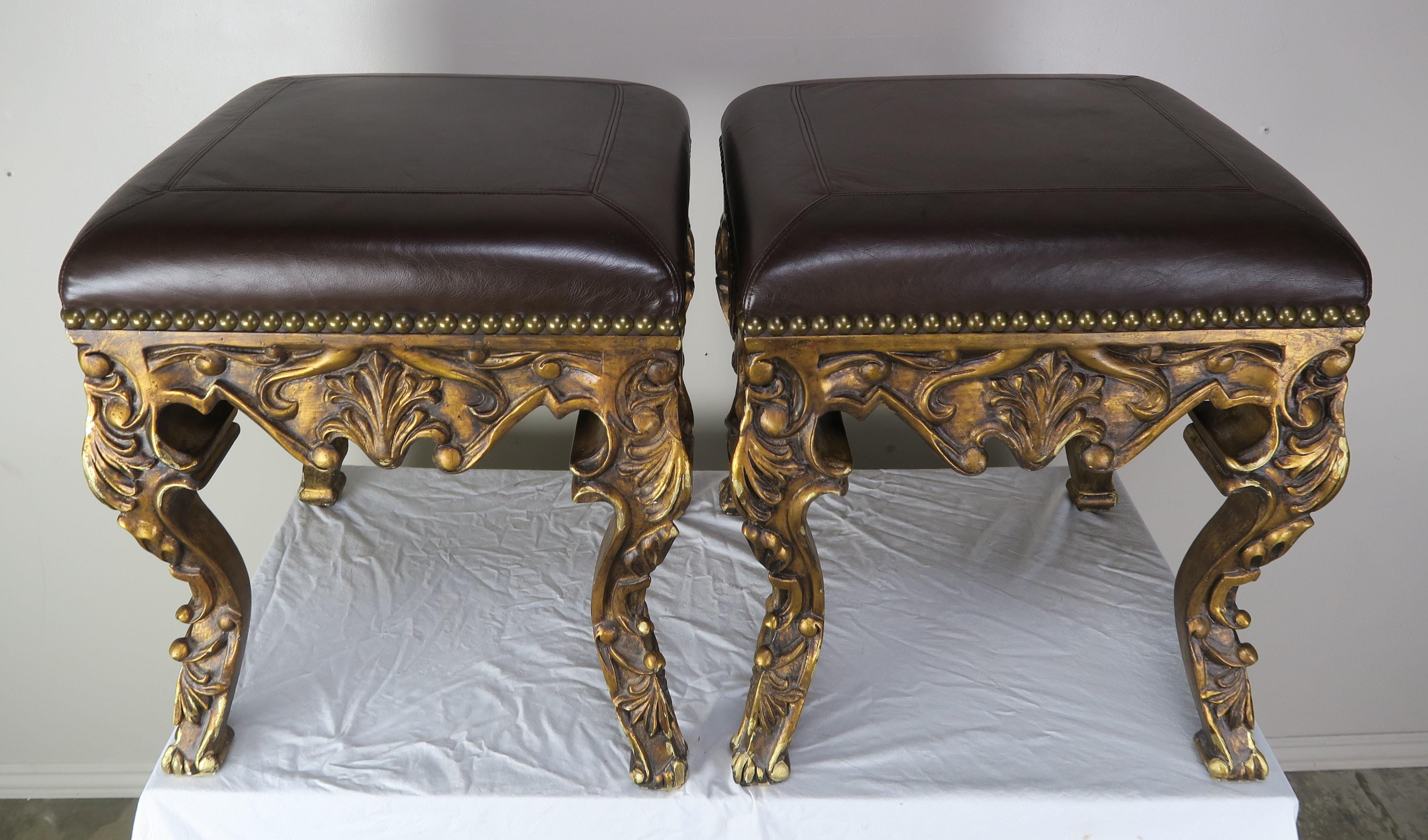 Pair of French Louis XV Leather Benches, circa 1950s In Distressed Condition In Los Angeles, CA