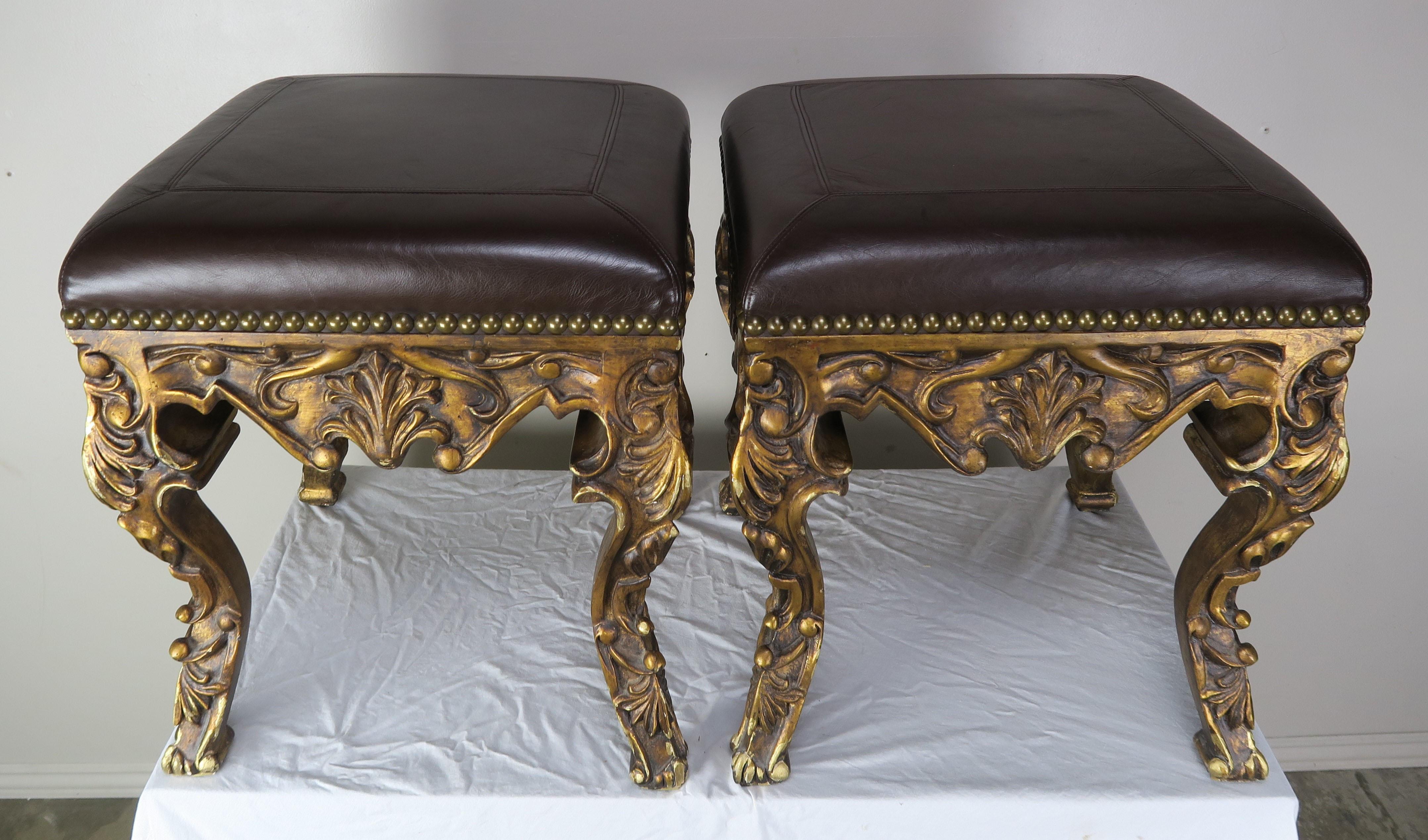 Pair of French Louis XV Leather Benches, circa 1950s In Distressed Condition In Los Angeles, CA