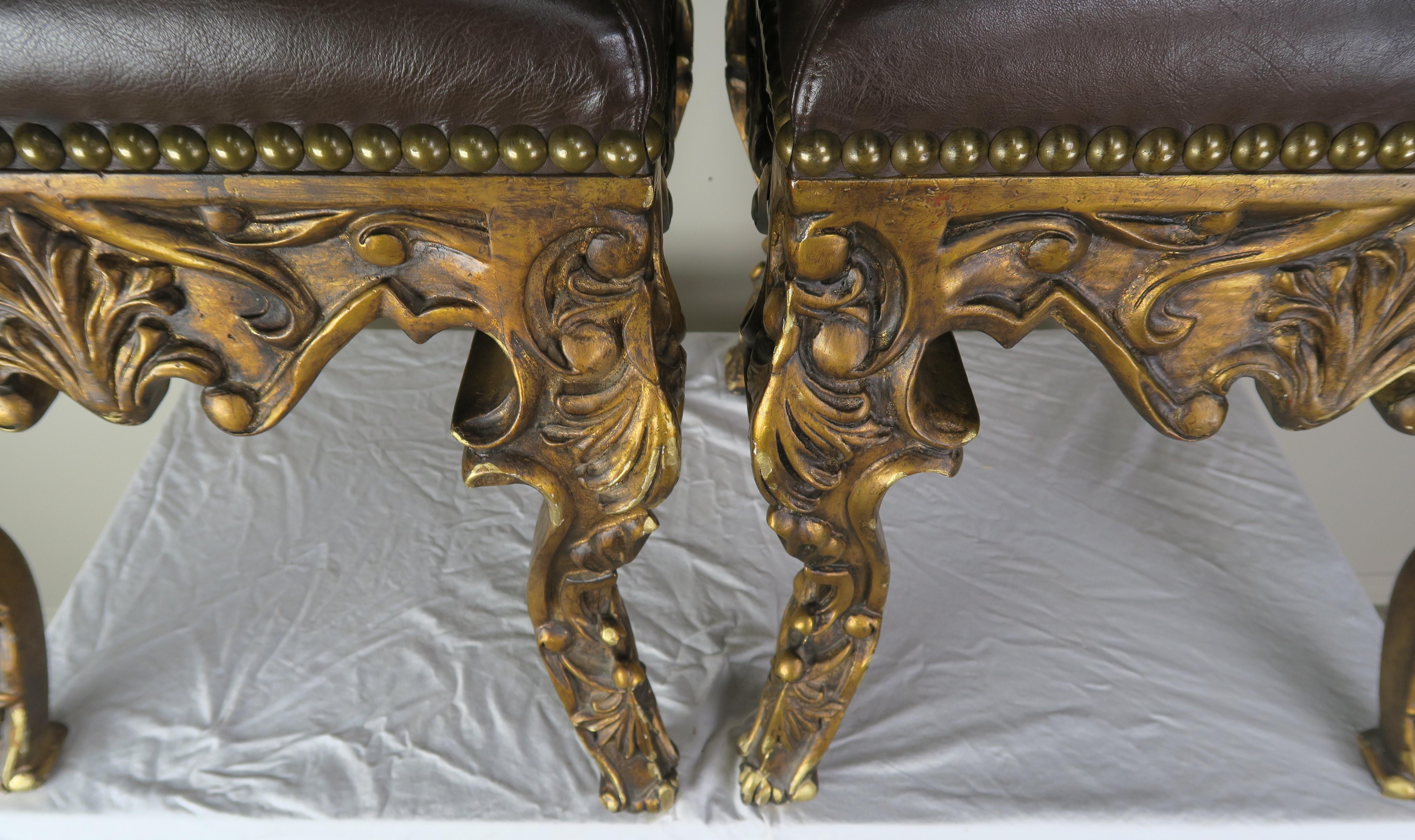 Brass Pair of French Louis XV Leather Benches, circa 1950s