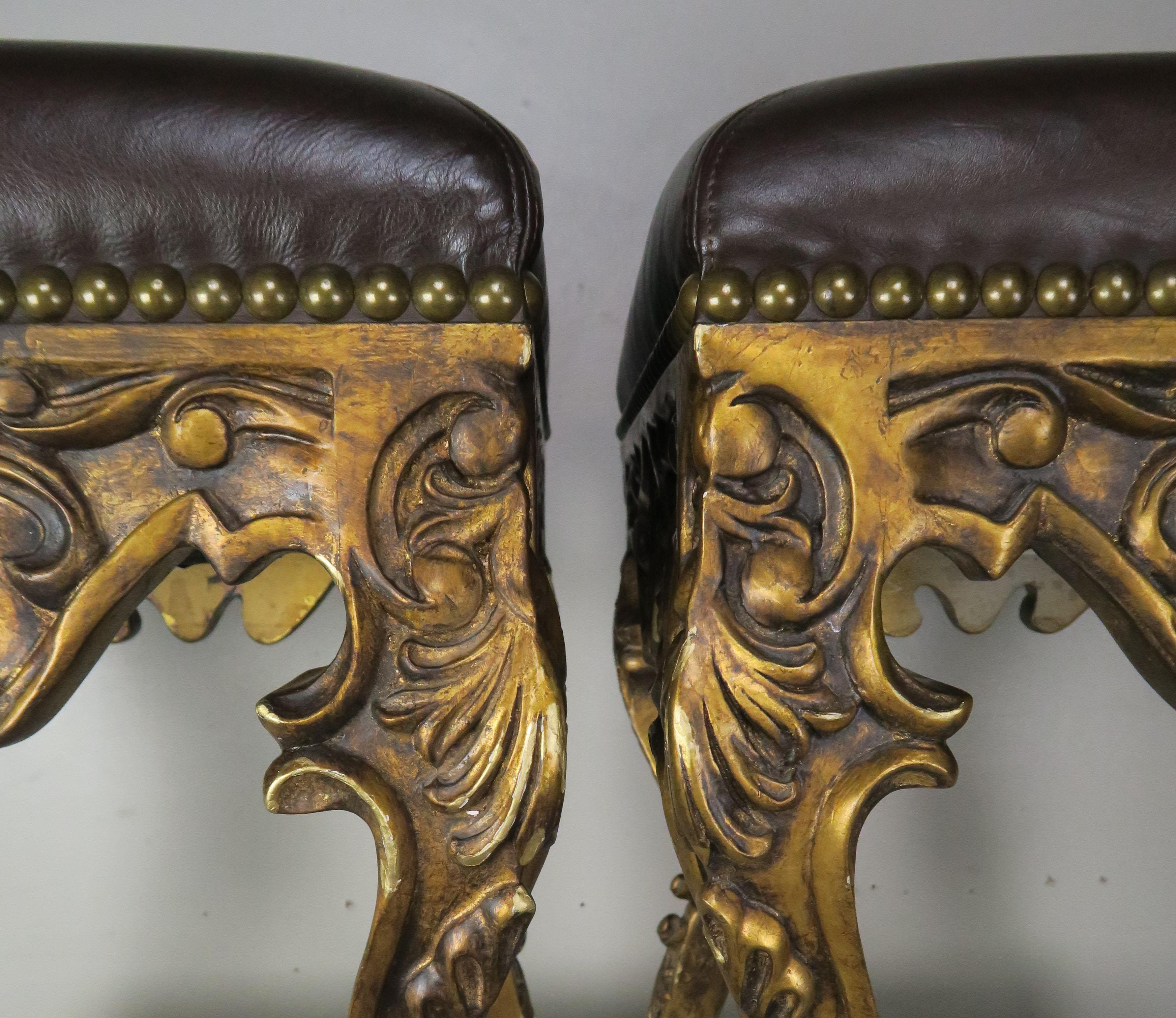 Pair of French Louis XV Leather Benches, circa 1950s 2