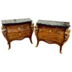 Pair of French Louis XV Marble-Top Inlaid Bombe Chests, Mounted Bronze Ormolu
