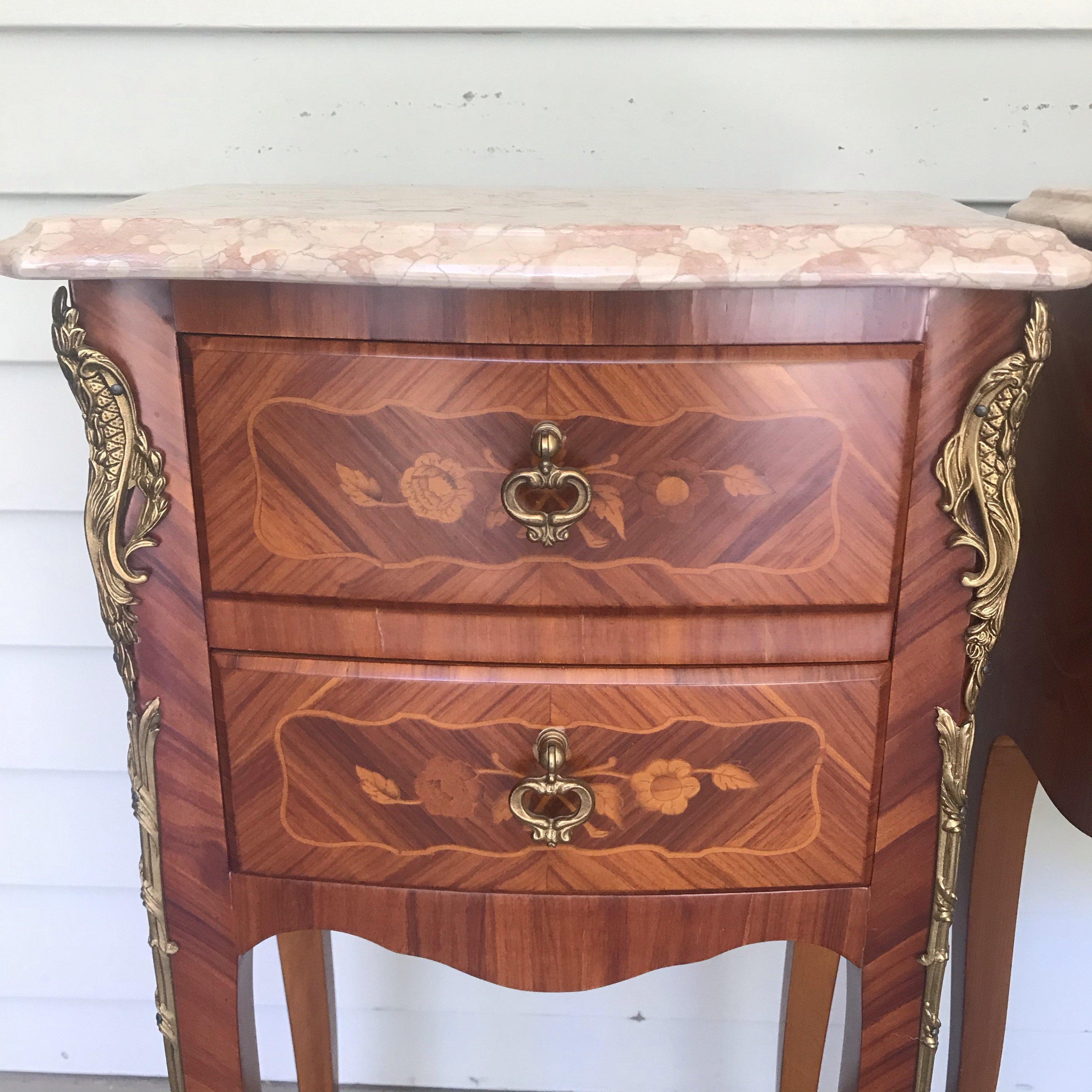 Pair of French Louis XV Marble-Top Marquetry Nightstands 2