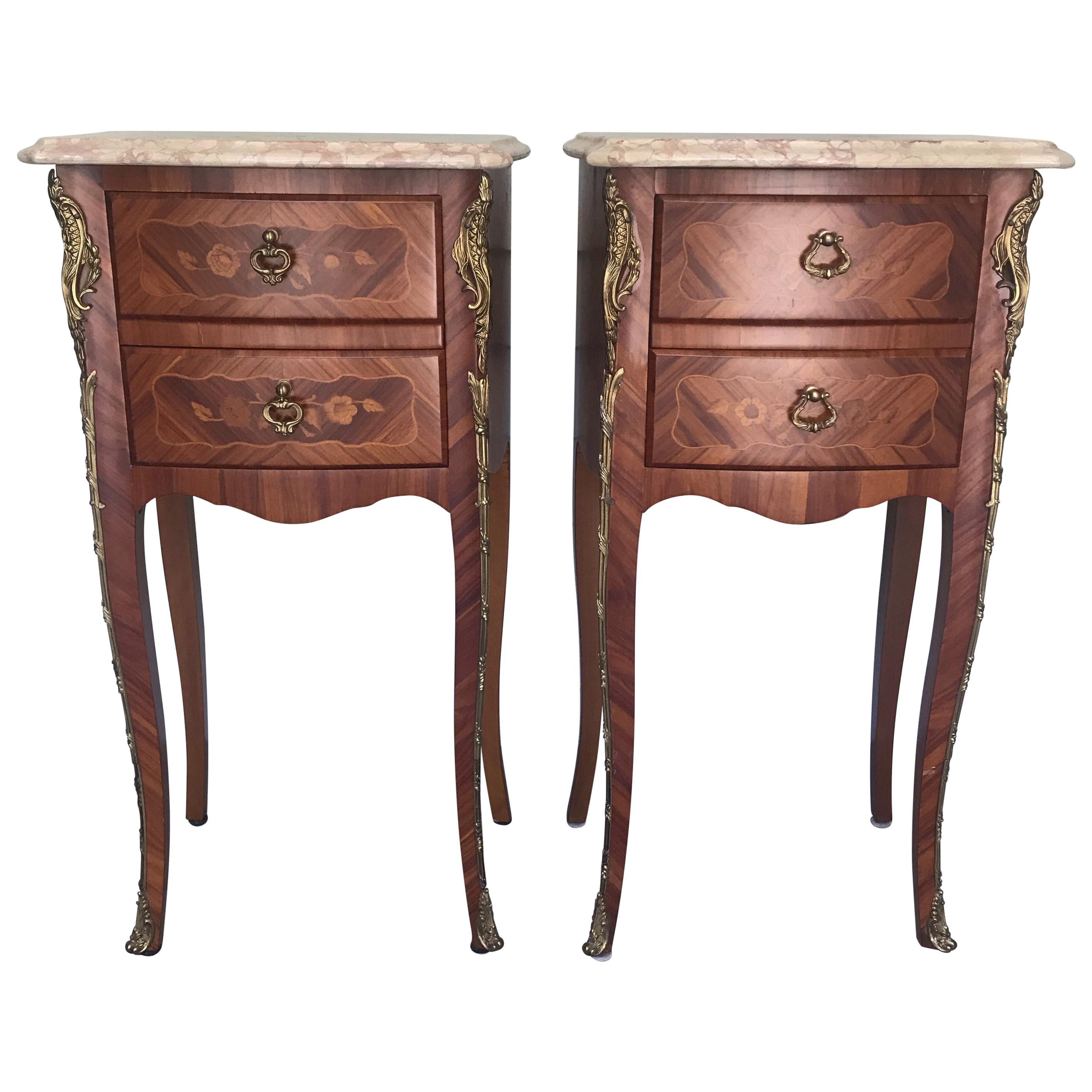 Pair of French Louis XV Marble-Top Marquetry Nightstands