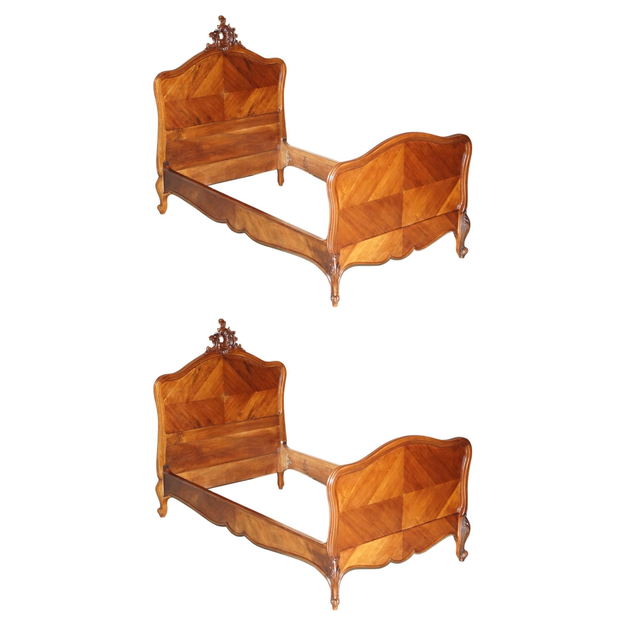 Pair of French Louis XV Napoleon III Ornately Carved Bed Stead Frames in Walnut For Sale