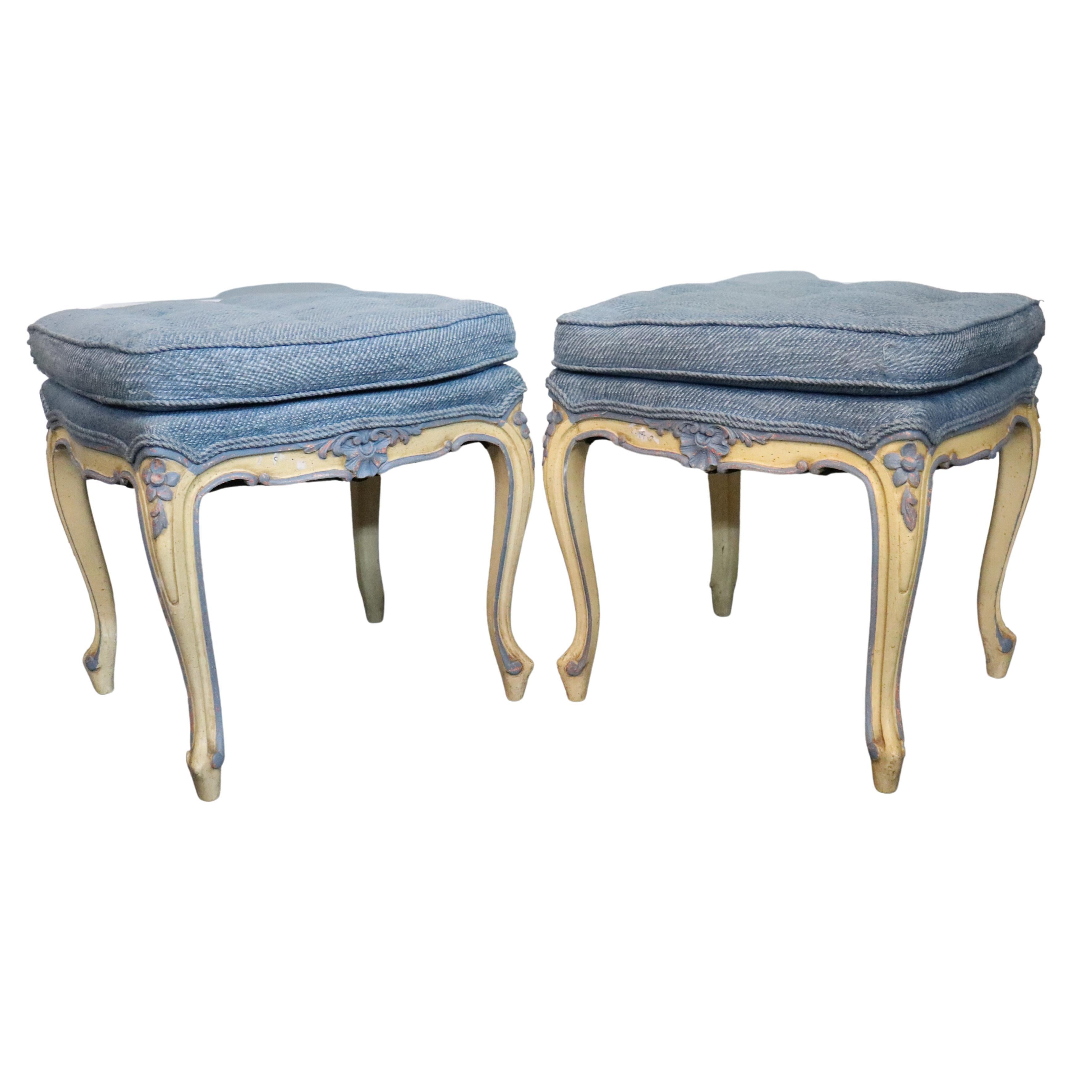 Pair of French Louis XV Painted Foot Stools Ottomans, Circa 1940 For Sale
