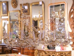 Pair of French Louis XV Painted Tole and Crystal Eight-Light Chandeliers