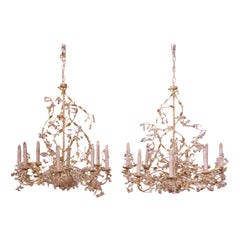 Pair of French Louis XV Painted Tole and Crystal Eight-Light Chandeliers