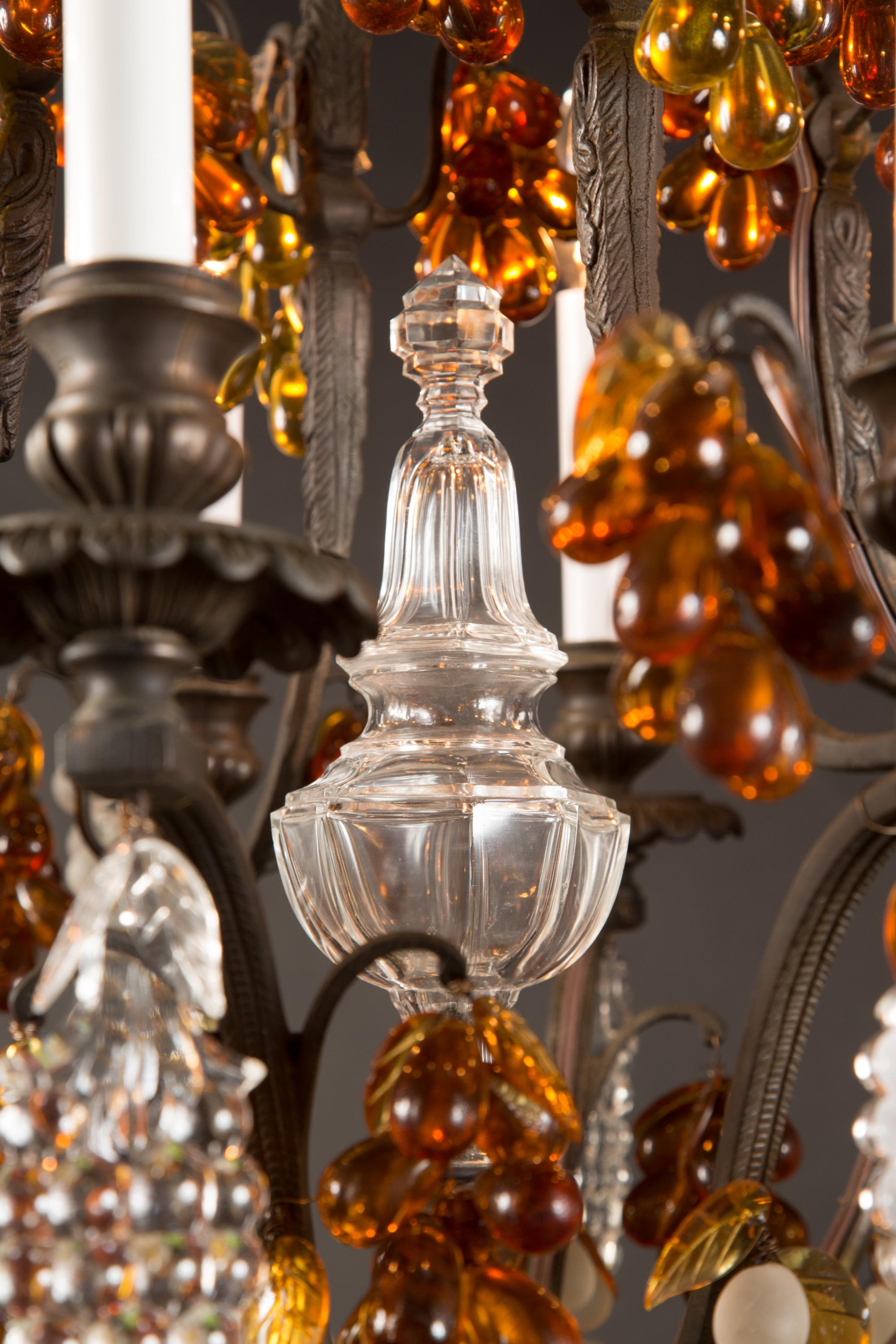 Pair of French Louis XV Patinated Bronze & Crystal Chandeliers, 19th Century For Sale 1