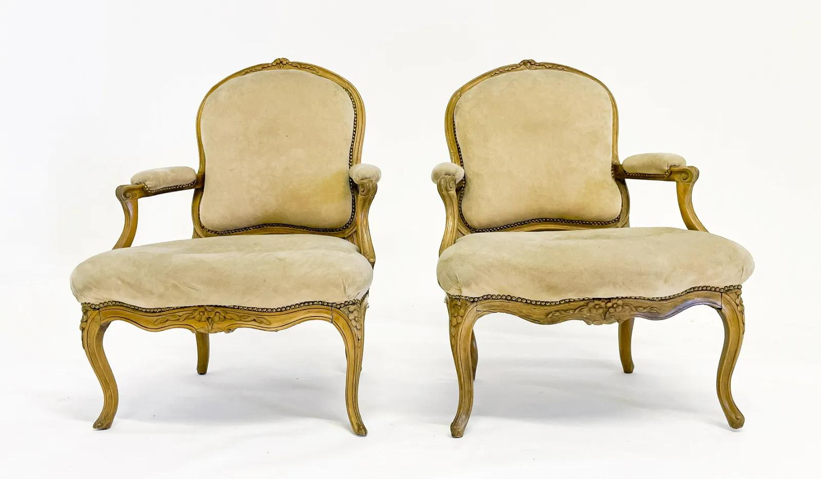 Hand-Carved Pair of French Louis XV Period Fauteuils, Circa 1760