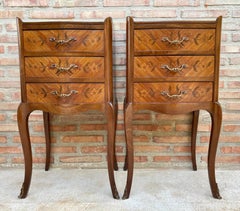 Pair of French Louis XV Revival Inlaid Bedside Tables with Three Drawers, 1940s