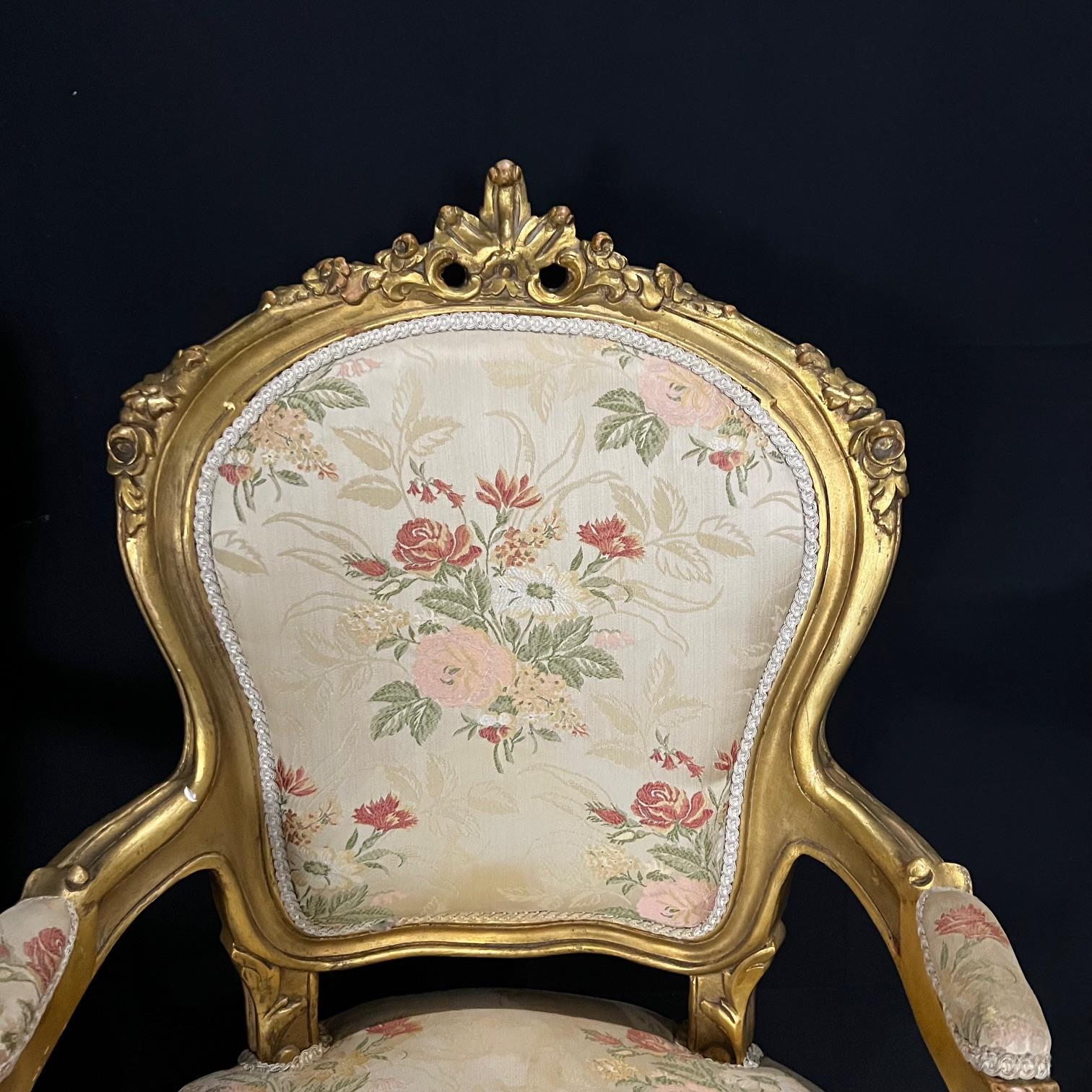 Upholstery Pair of French Louis XV Rococo Giltwood Fauteuil Armchairs