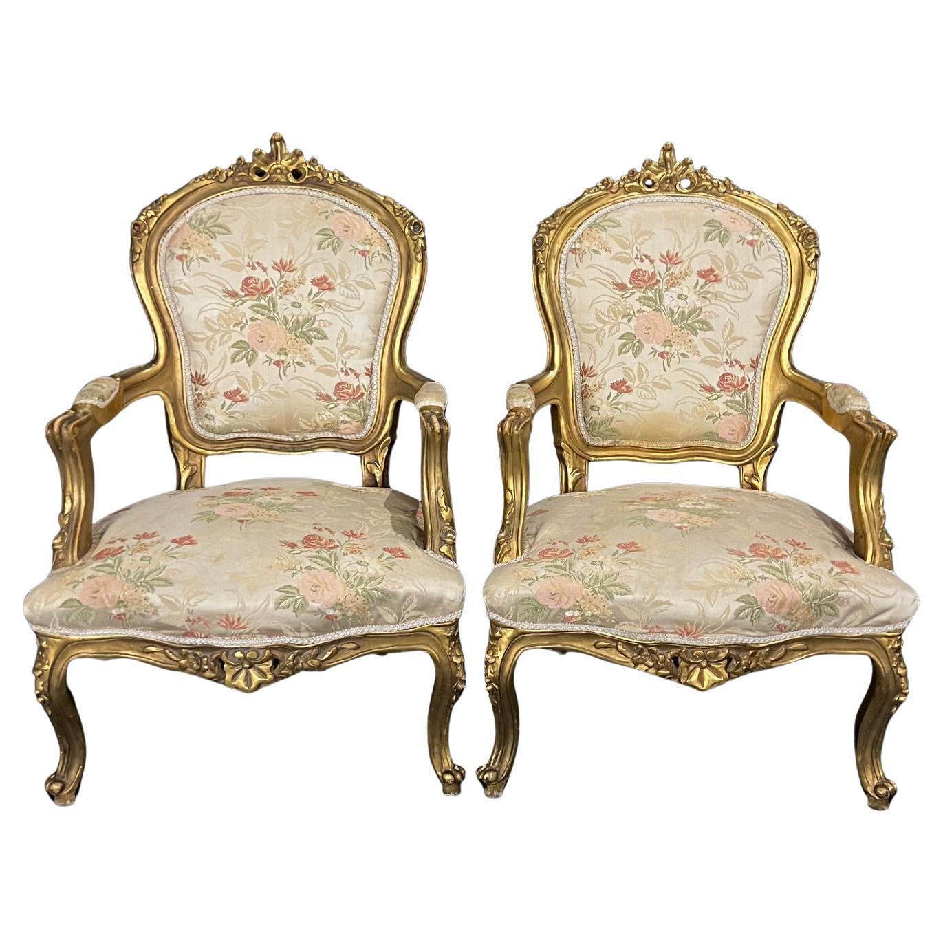 Pair of French Louis XV Rococo Giltwood Fauteuil Armchairs