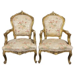 Pair of French Louis XV Rococo Giltwood Fauteuil Armchairs