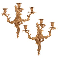 Pair of French Louis XV Rococo Style Three-Light Wall Sconces, circa 1900
