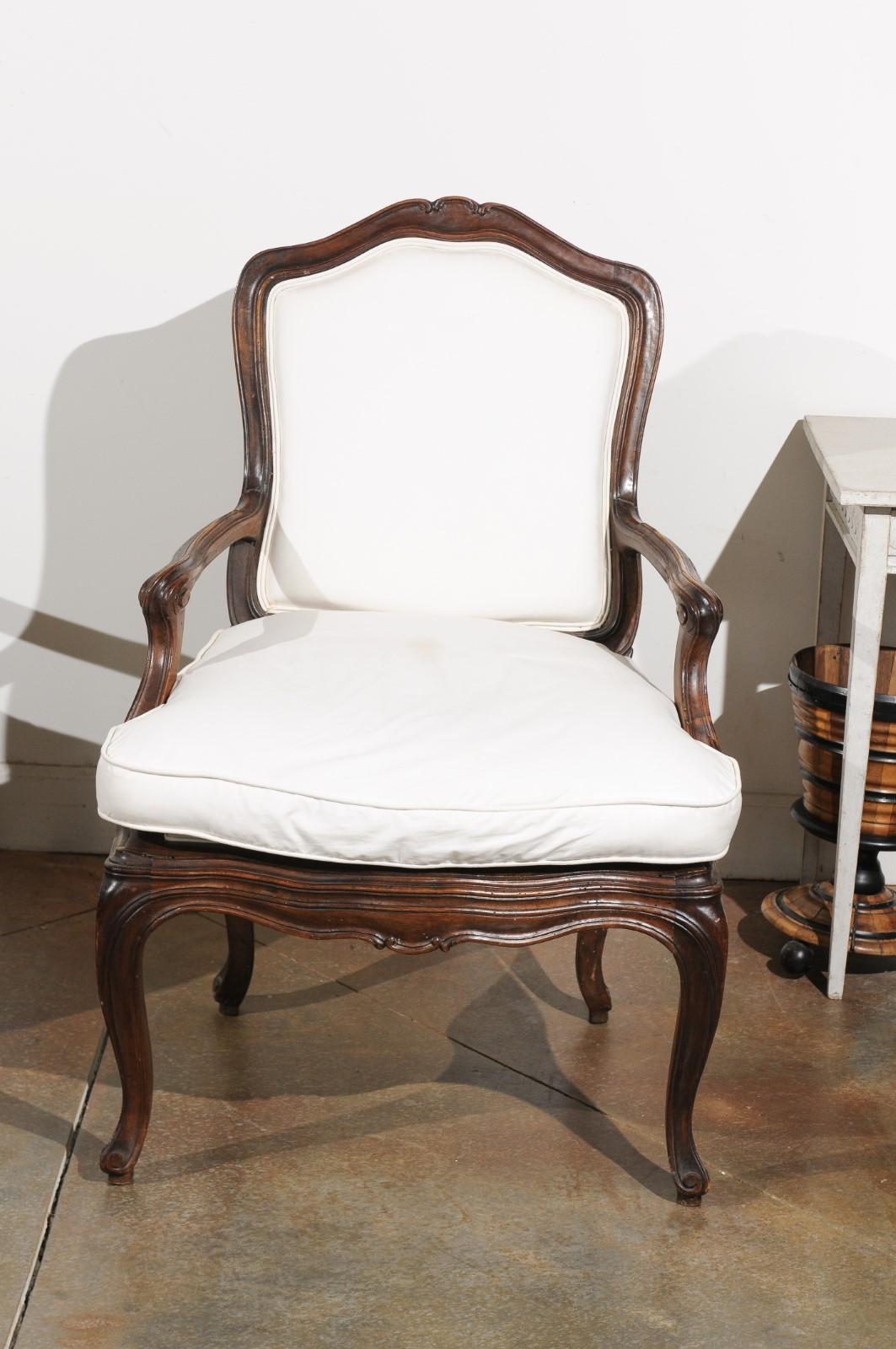 19th Century Pair of French Louis XV Style 1820s Walnut Fauteuils with New Upholstery