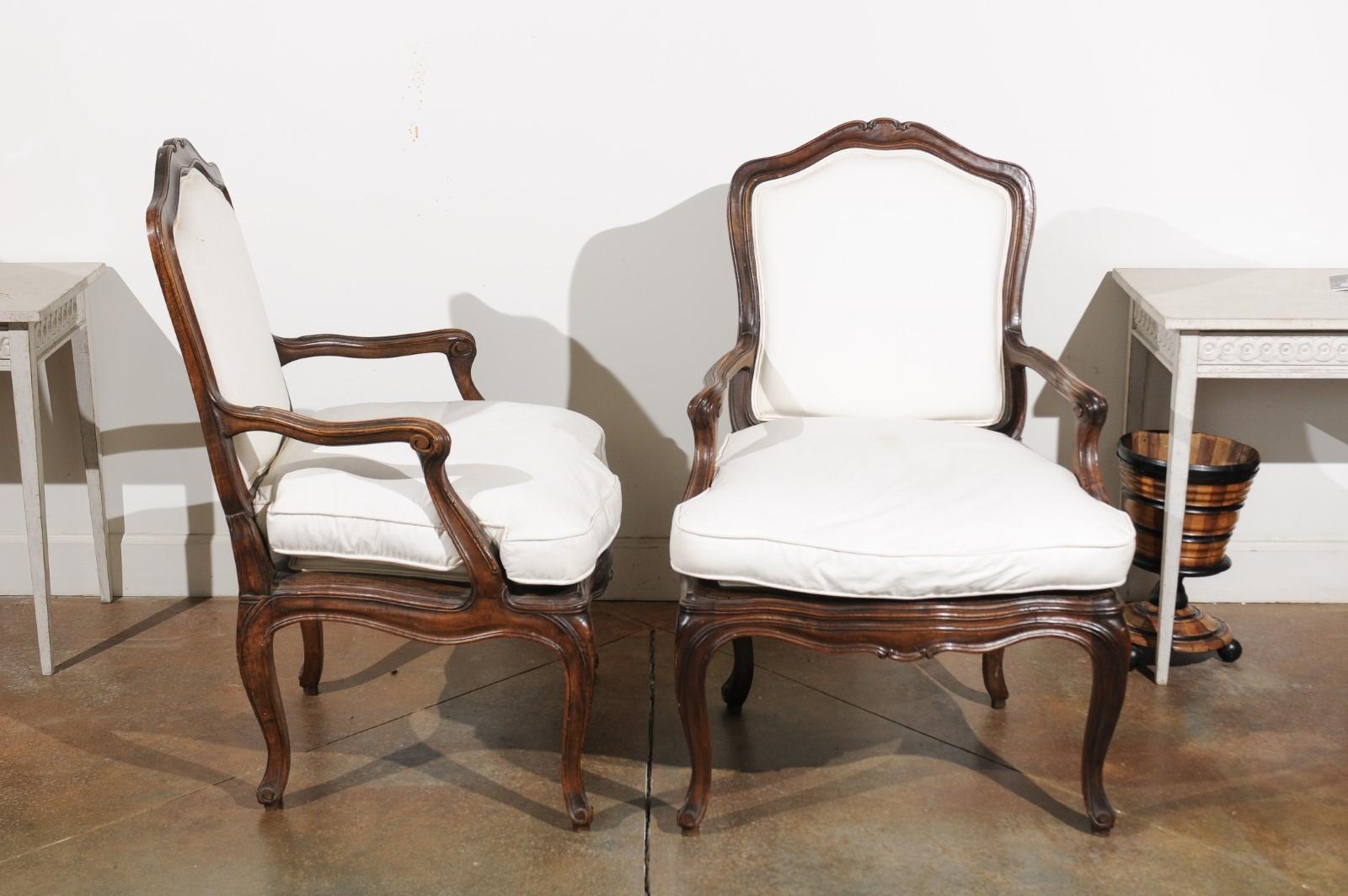 Pair of French Louis XV Style 1820s Walnut Fauteuils with New Upholstery 2