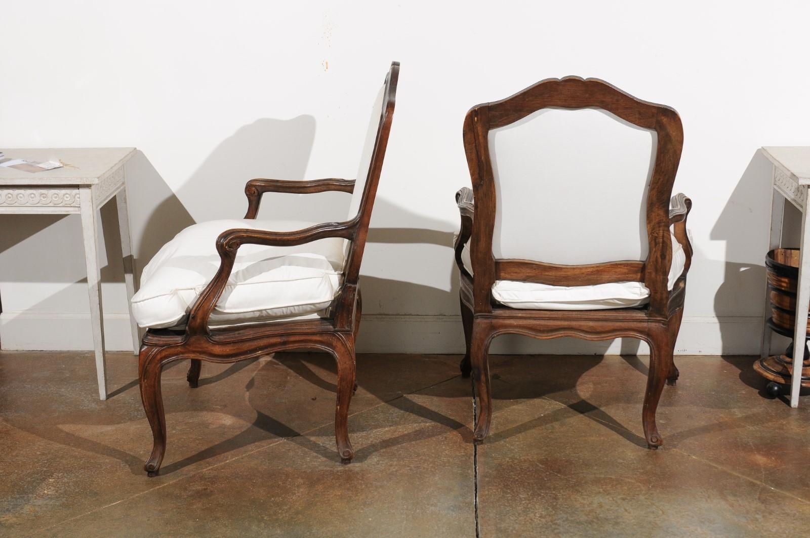 Pair of French Louis XV Style 1820s Walnut Fauteuils with New Upholstery 4