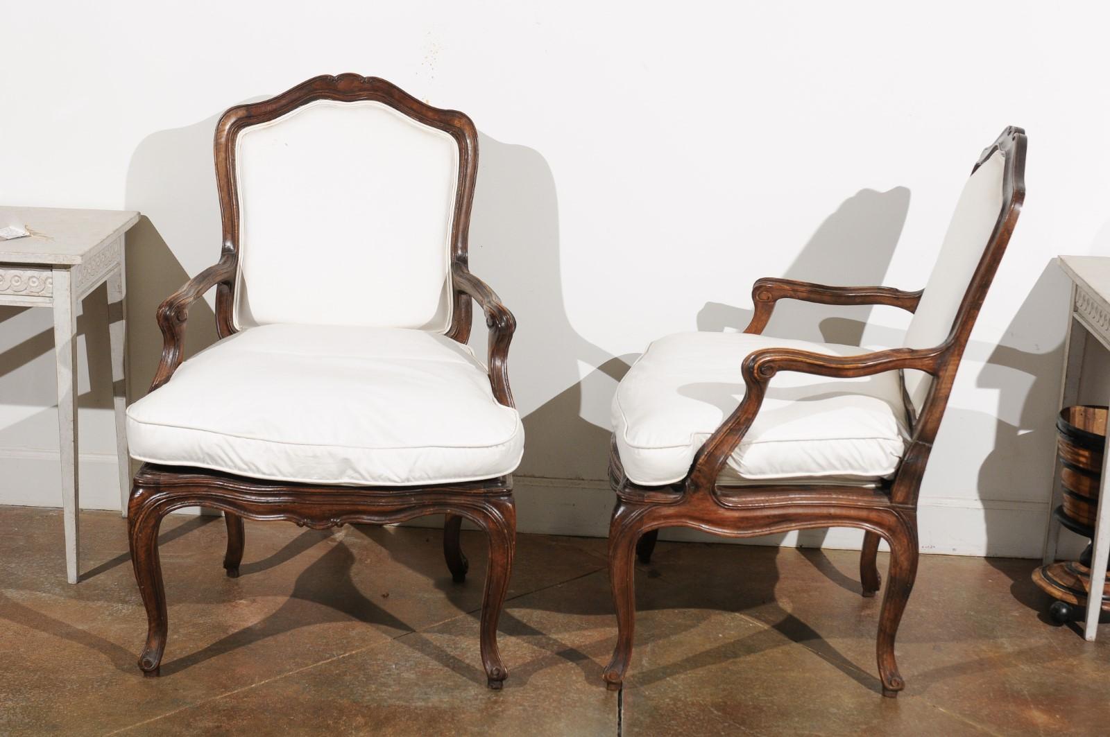 Pair of French Louis XV Style 1820s Walnut Fauteuils with New Upholstery 5