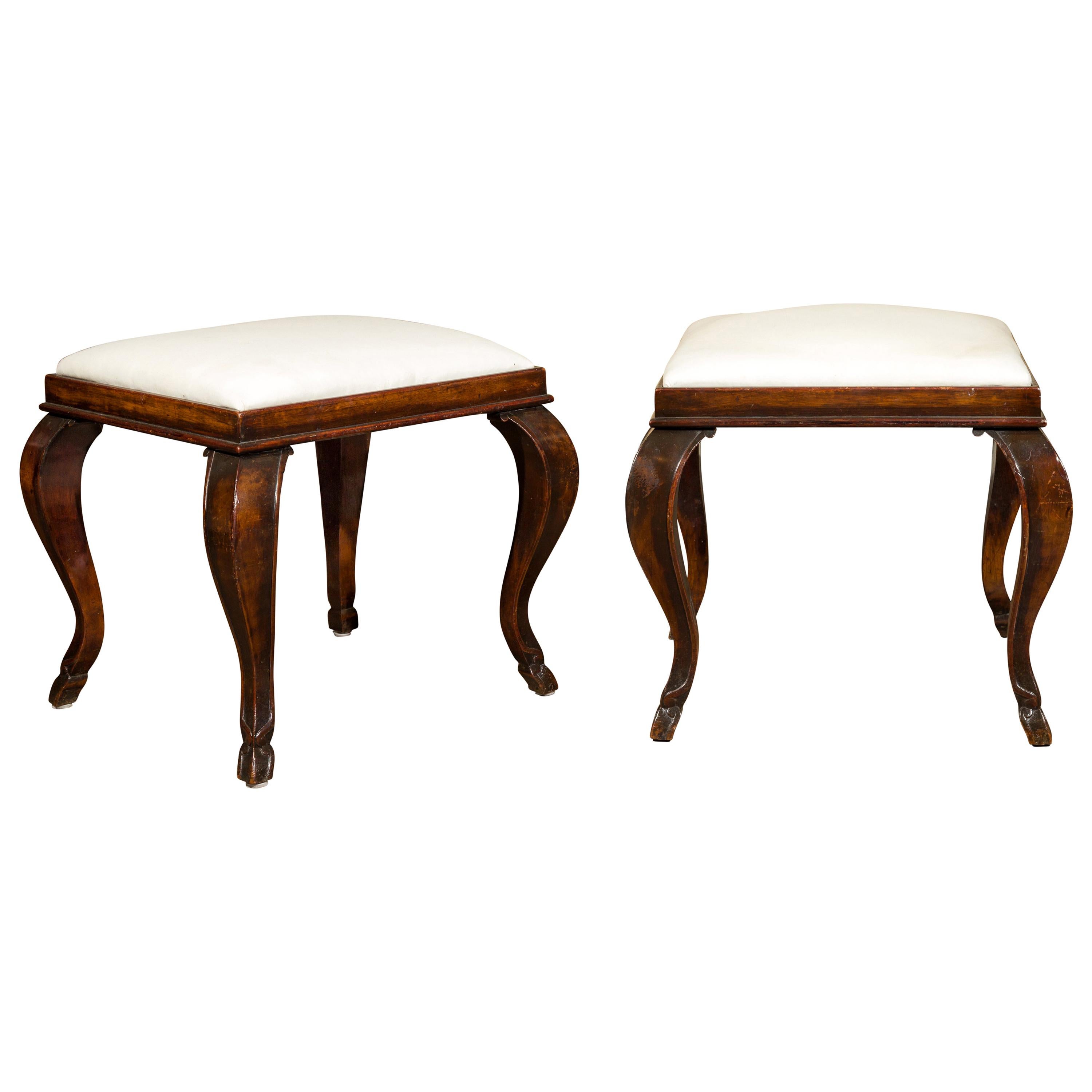 Pair of French Louis XV Style 1870s Stools with Cabriole Legs and Upholstery