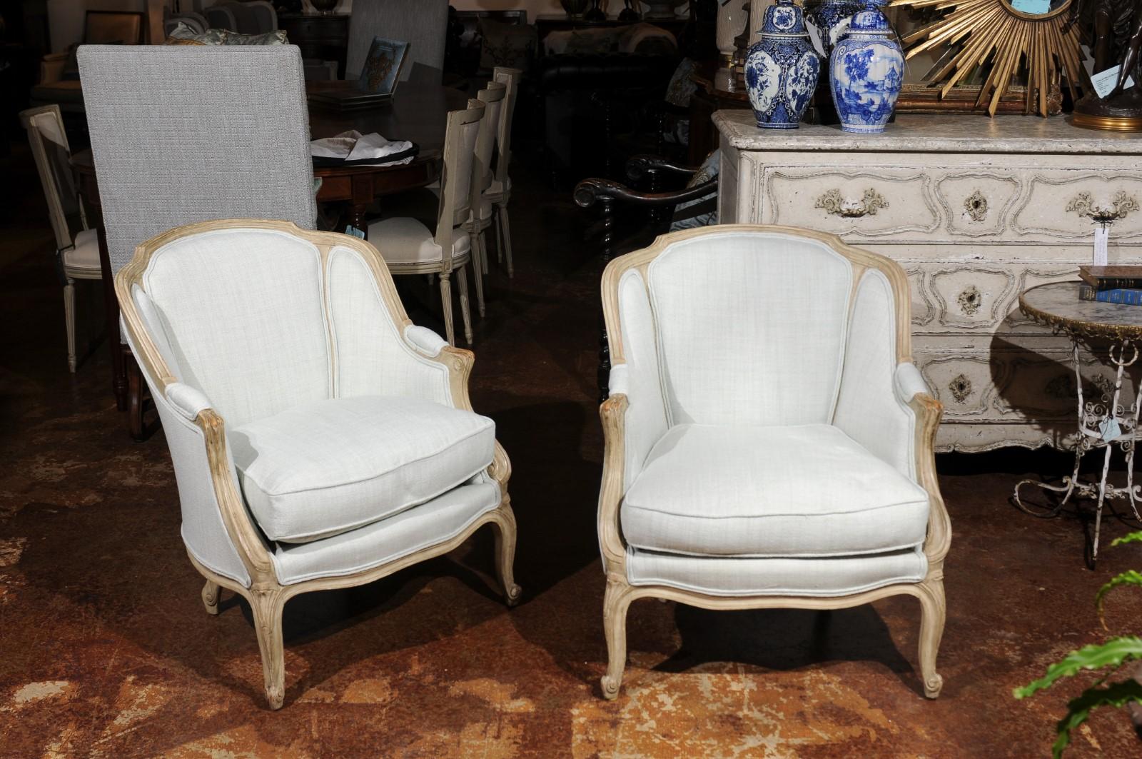 Painted Pair of French Louis XV Style 1880s Bergères Chairs with Wraparound Backs