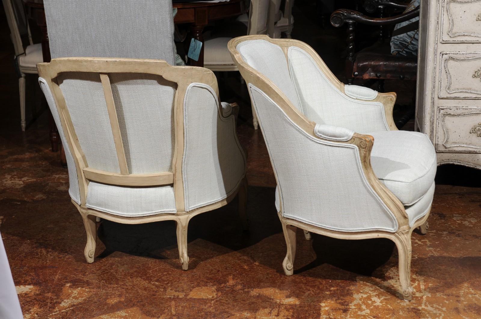 Wood Pair of French Louis XV Style 1880s Bergères Chairs with Wraparound Backs