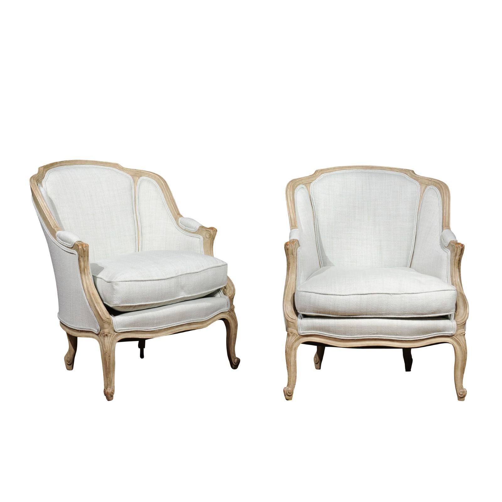 Pair of French Louis XV Style 1880s Bergères Chairs with Wraparound Backs