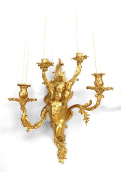 Pair of French Louis XV Style Bronze Dore Cherub Wall Sconces