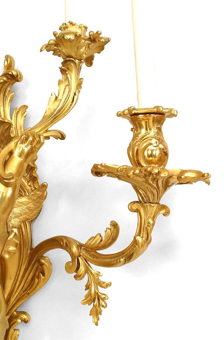 Pair of French Louis XV Style Bronze Dore Cherub Wall Sconces In Good Condition For Sale In New York, NY