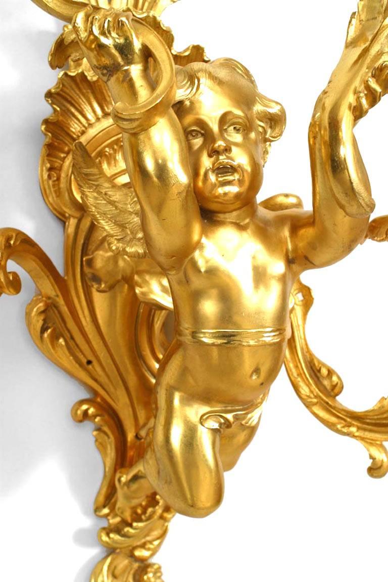 19th Century Pair of French Louis XV Style Bronze Dore Cherub Wall Sconces For Sale