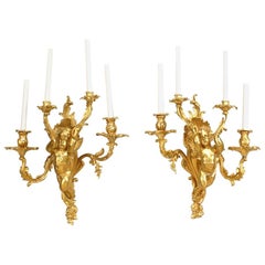 Antique Pair of French Louis XV Style Bronze Dore Cherub Wall Sconces