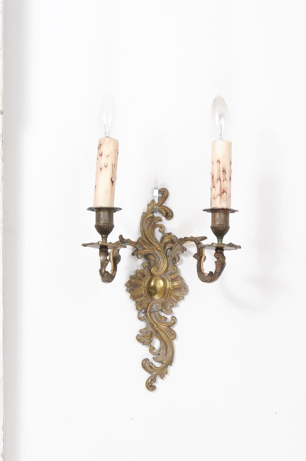 Pair of French Louis XV Style 19th Century Bronze Two-Light Wall Sconces 7