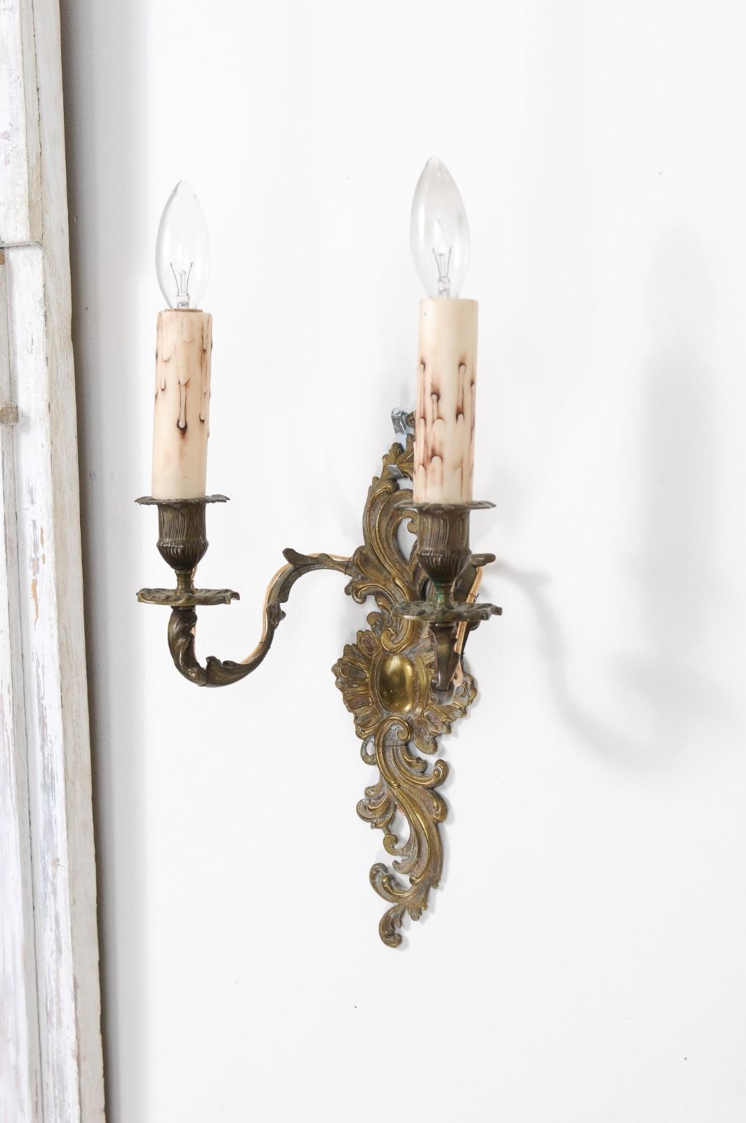Pair of French Louis XV Style 19th Century Bronze Two-Light Wall Sconces 9
