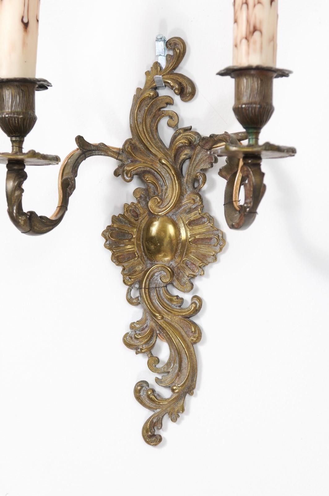 Pair of French Louis XV Style 19th Century Bronze Two-Light Wall Sconces 10
