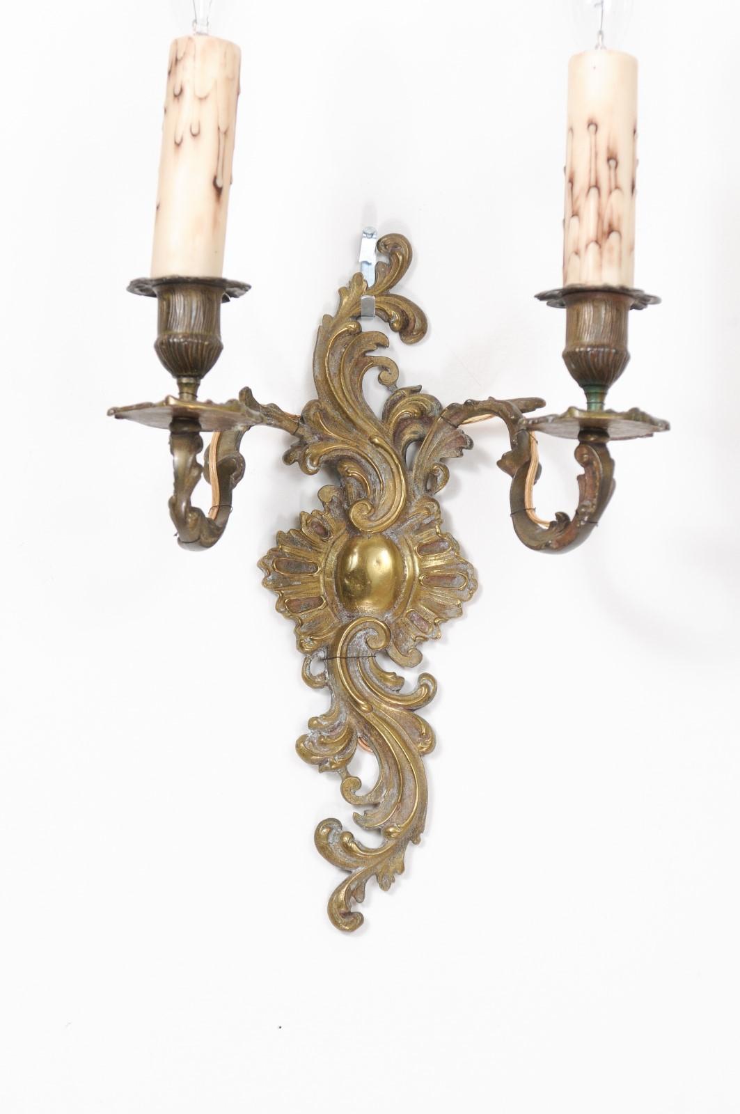 Pair of French Louis XV Style 19th Century Bronze Two-Light Wall Sconces 11